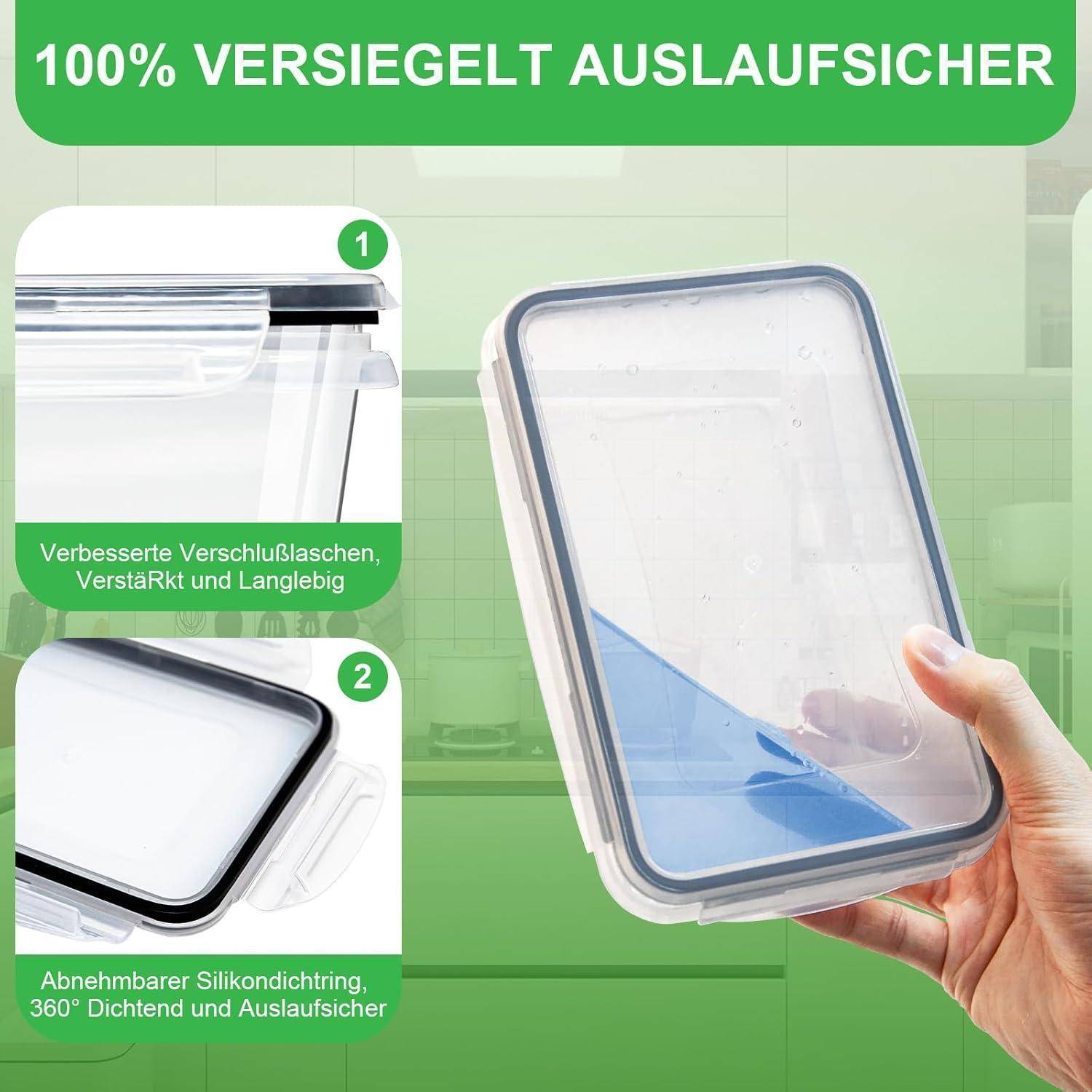 Das Bild zeigt einen Lebensmittelbehälter, der als „100% Versiegelt Auslaufsicher
