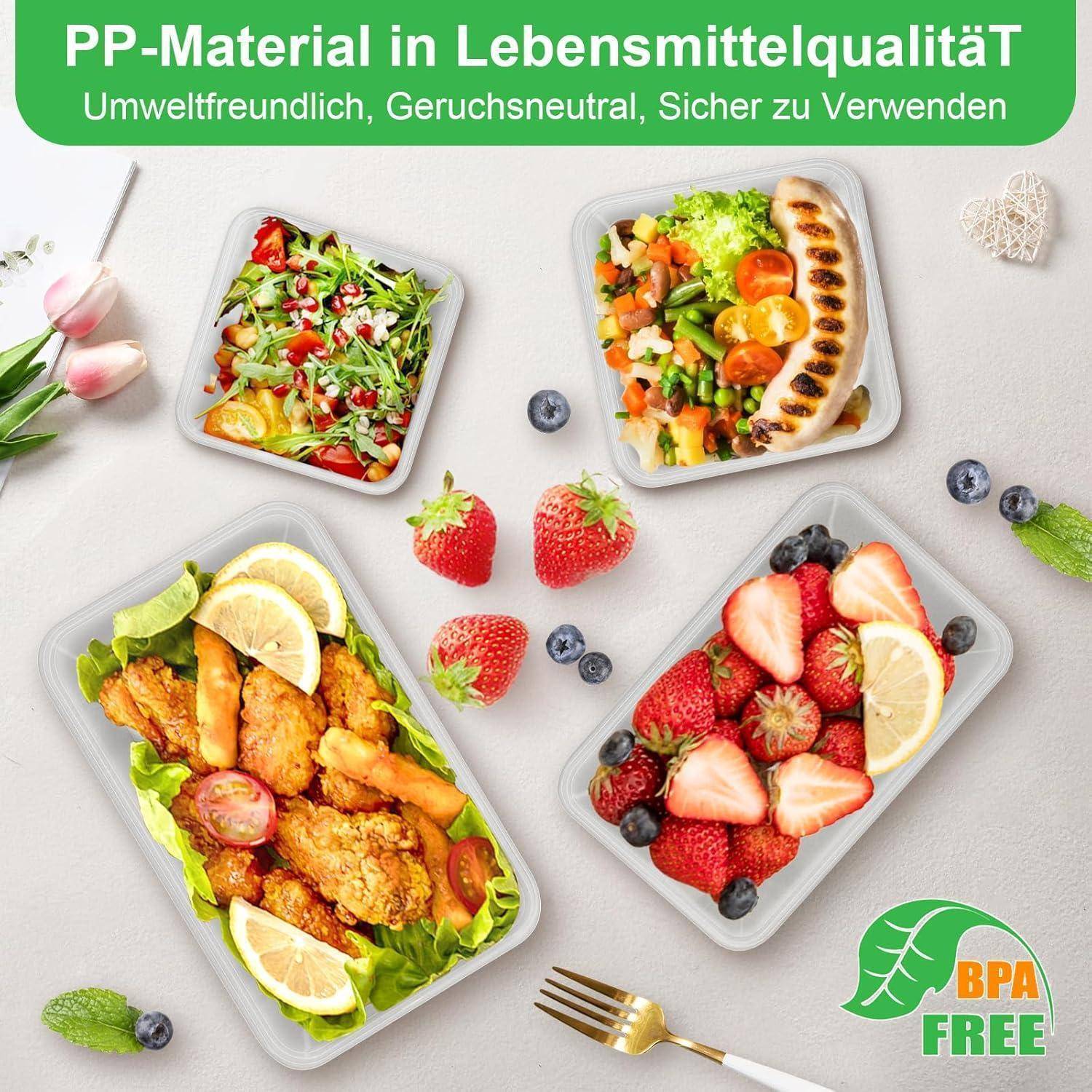 Drei Tabletts mit Lebensmitteln, bestehend aus Obst, Gemüse, Hähnchen und Lachs, mit Hervorhebung von ‚PP-Material in Lebensmittelqualität' und ‚BPA-frei.