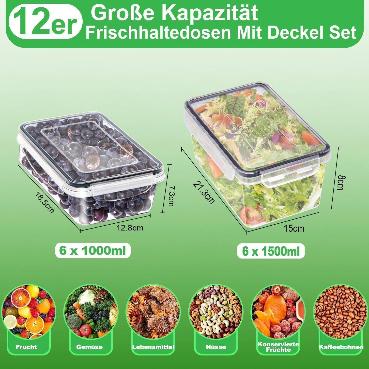 Zwei luftdichte Behälter mit Deckel, die Abmessungen zeigen. Ein Behälter enthält Trauben, der andere einen Salat. Darunter sind Bilder von Obst, Gemüse, Nüssen und mehr. Der Text auf Deutsch erwähnt große Kapazität und ein 12-teiliges Set.