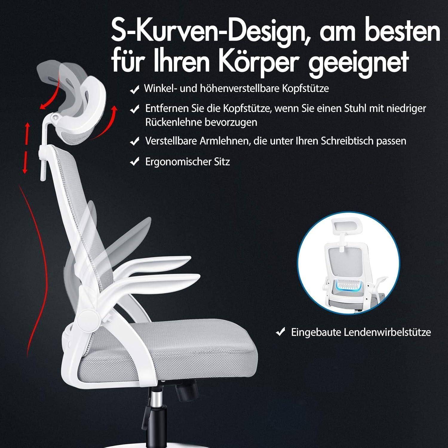 Ergonomischer Stuhl mit verstellbarer Kopfstütze und Armlehnen, Lendenwirbelstütze und neigbarer Rückenlehne, geeignet für komfortable Büroarbeit.