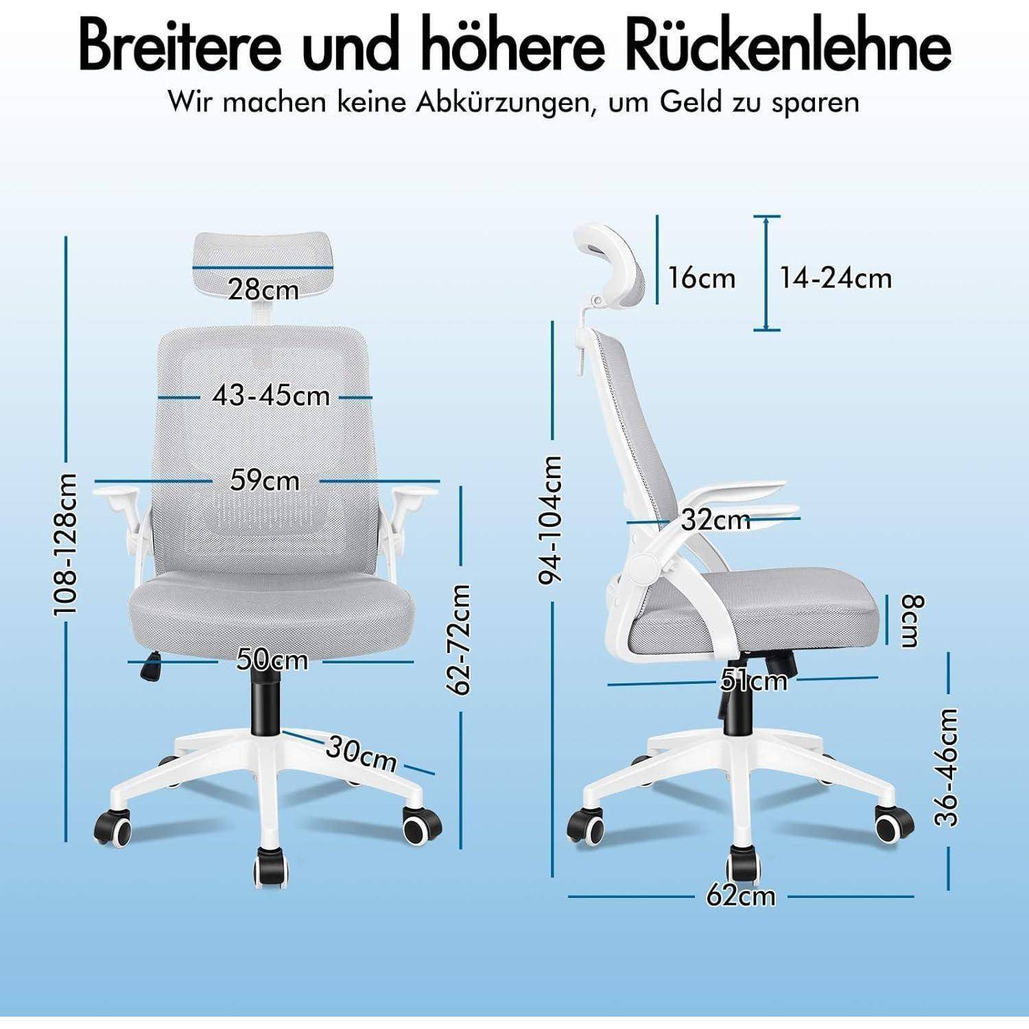 Bürostuhl mit verstellbarer Höhe und Kopfstütze abgebildet mit Maßangaben. Text auf Deutsch lautet: 'Breitere und höhere Rückenlehne. Wir nehmen keine Abkürzungen, um Geld zu sparen.
