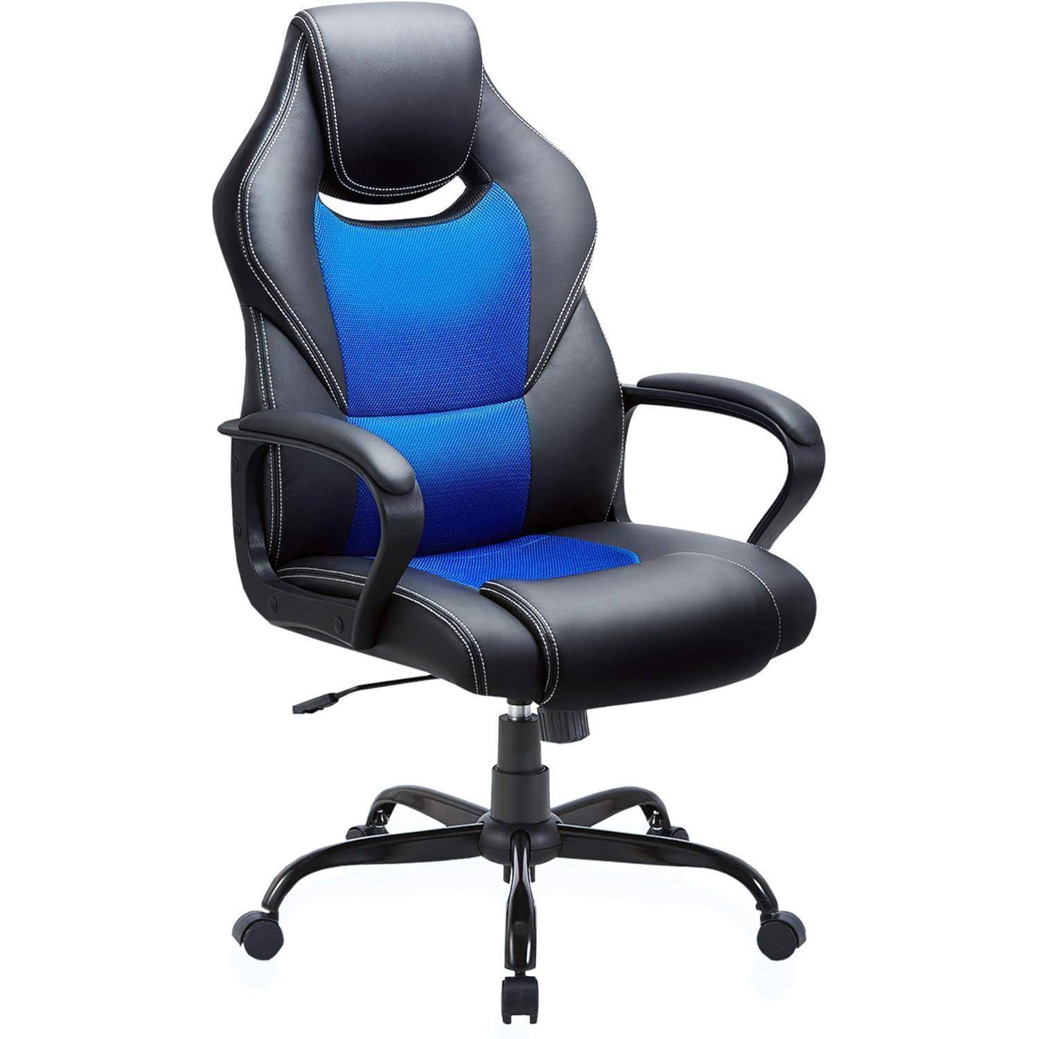 Schwarzer und blauer ergonomischer Bürostuhl mit verstellbarer Höhe und drehbarer Basis, ausgestattet mit gepolsterter Rückenlehne und Armlehnen für maximalen Komfort.