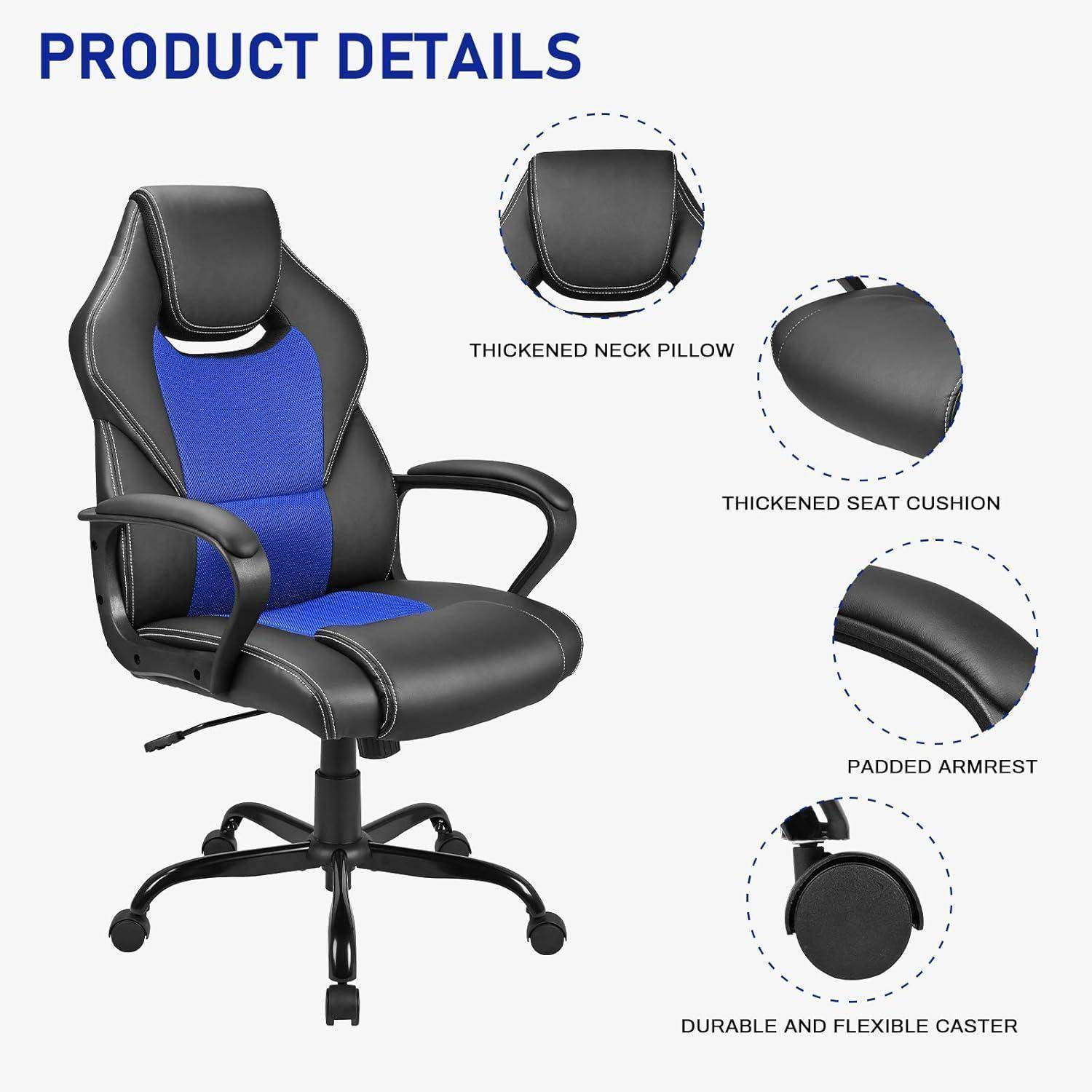 Ergonomischer Bürostuhl mit blau-schwarzem Polster, verstärktem Nackenkissen, Sitzpolster, gepolsterten Armlehnen und flexiblen Rollen.