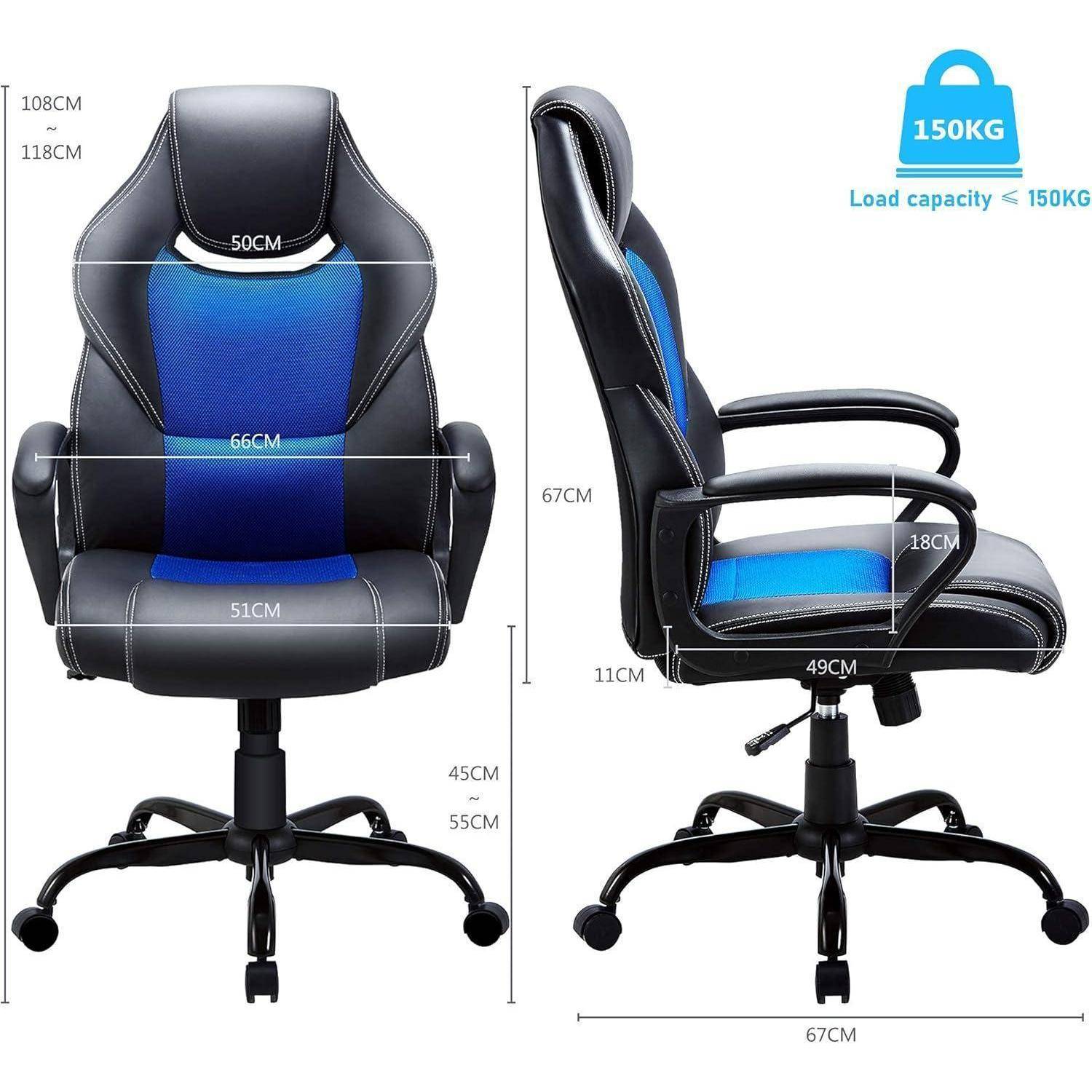 Gaming-Stuhl mit blau-schwarzem Design, höhenverstellbar, mit Armlehnen, gepolstertem Sitz und Rückenstütze. Tragfähigkeit 150 kg.