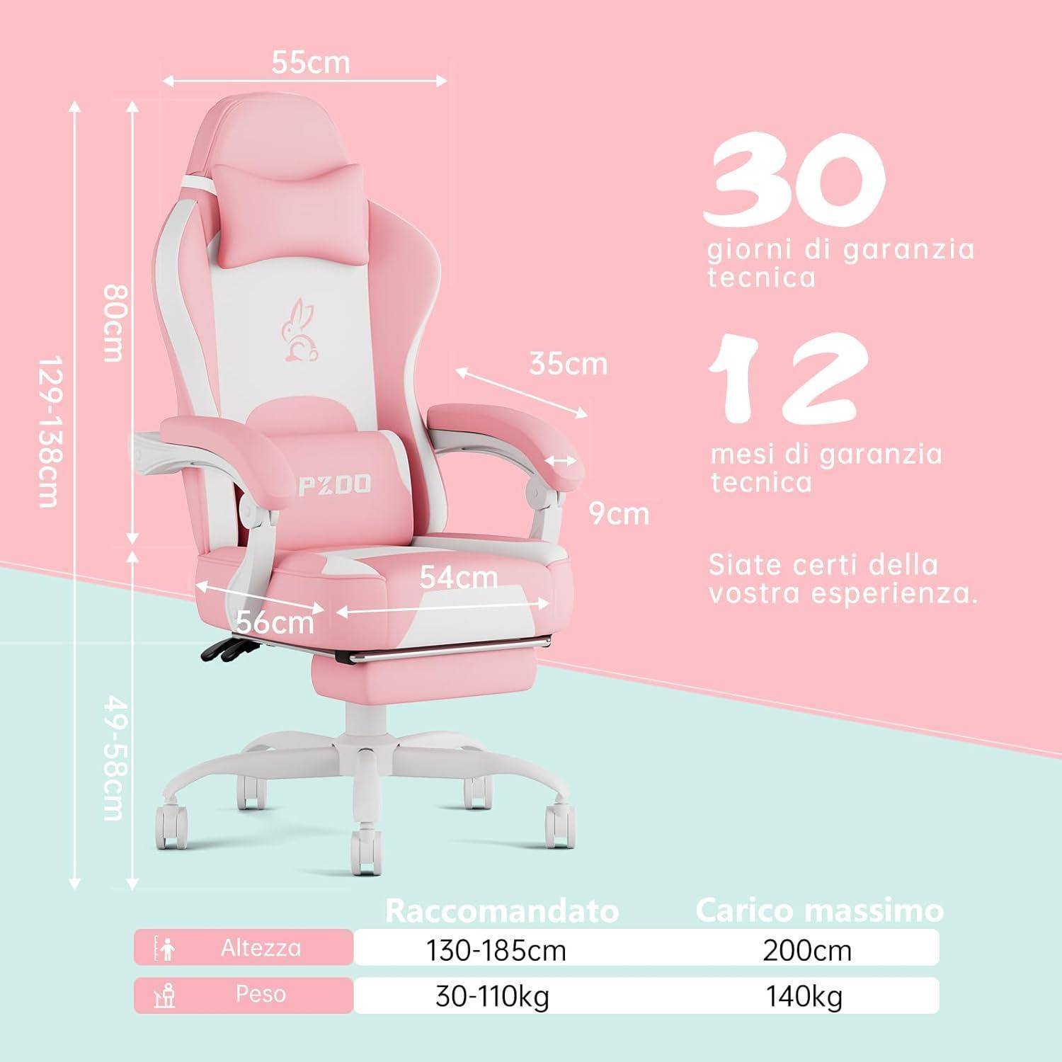 Rosa Gaming-Stuhl Abmessungen: 55 cm Breite, 129-138 cm Höhe, 49-58 cm Sitzhöhe. '30 Tage technische Garantie', '12 Monate technische Garantie'.