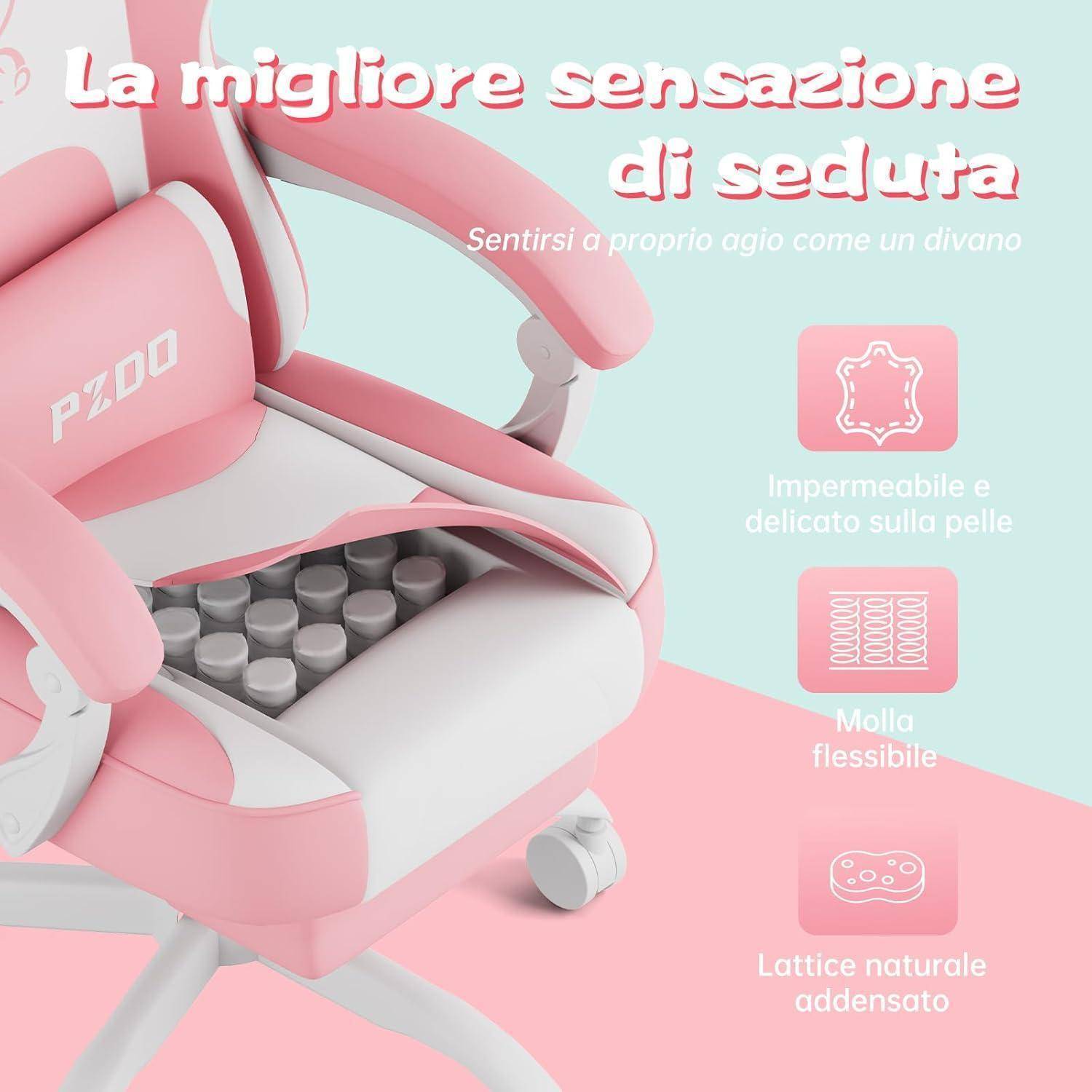 Ein rosa-weißer ergonomischer Stuhl, der Eigenschaften wie wasserdichte Haut, flexible Federn und natürlichen Latex für Komfort präsentiert.