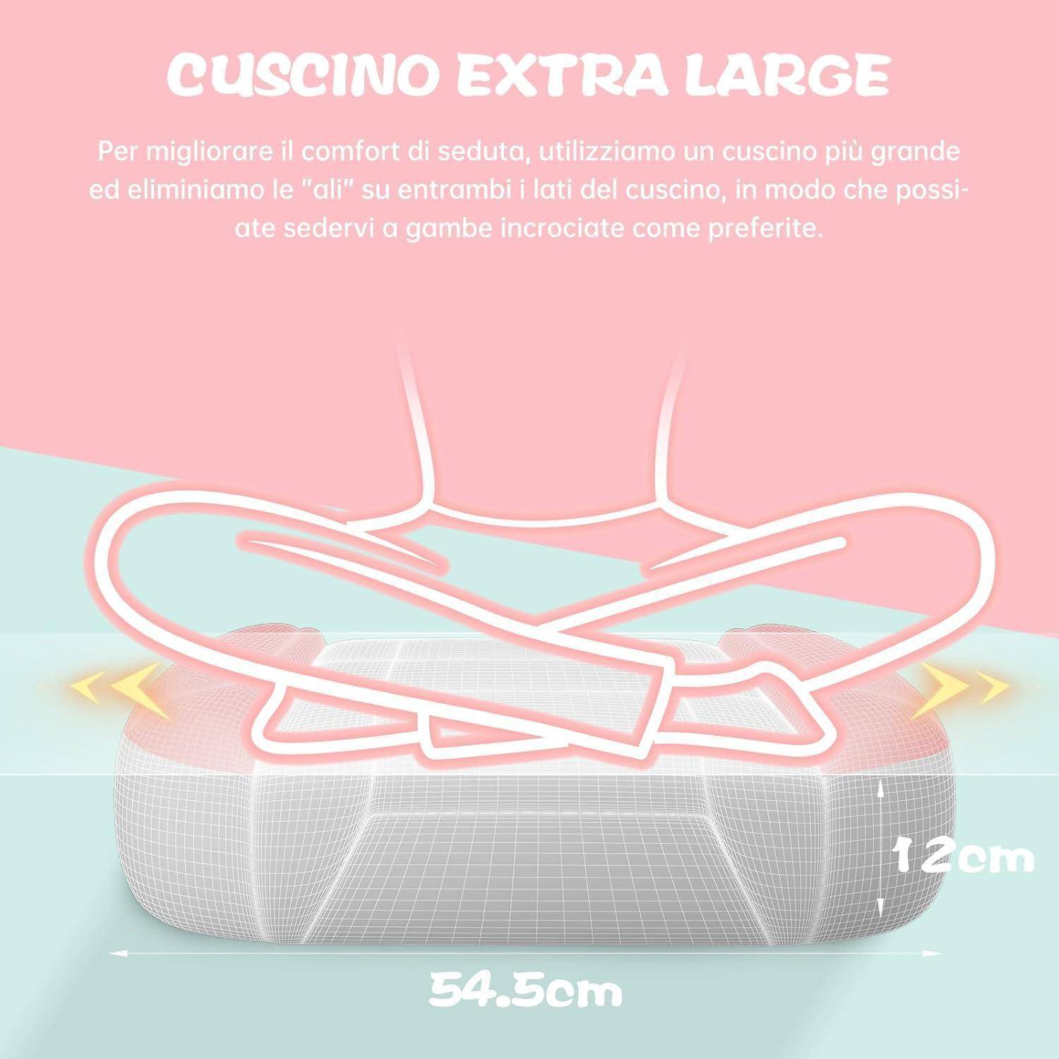 Darstellung eines Kissens mit der Bezeichnung 'Cuscino Extra Large', das 54,5 cm breit und 12 cm hoch ist, und verbesserten Sitzkomfort zeigt.