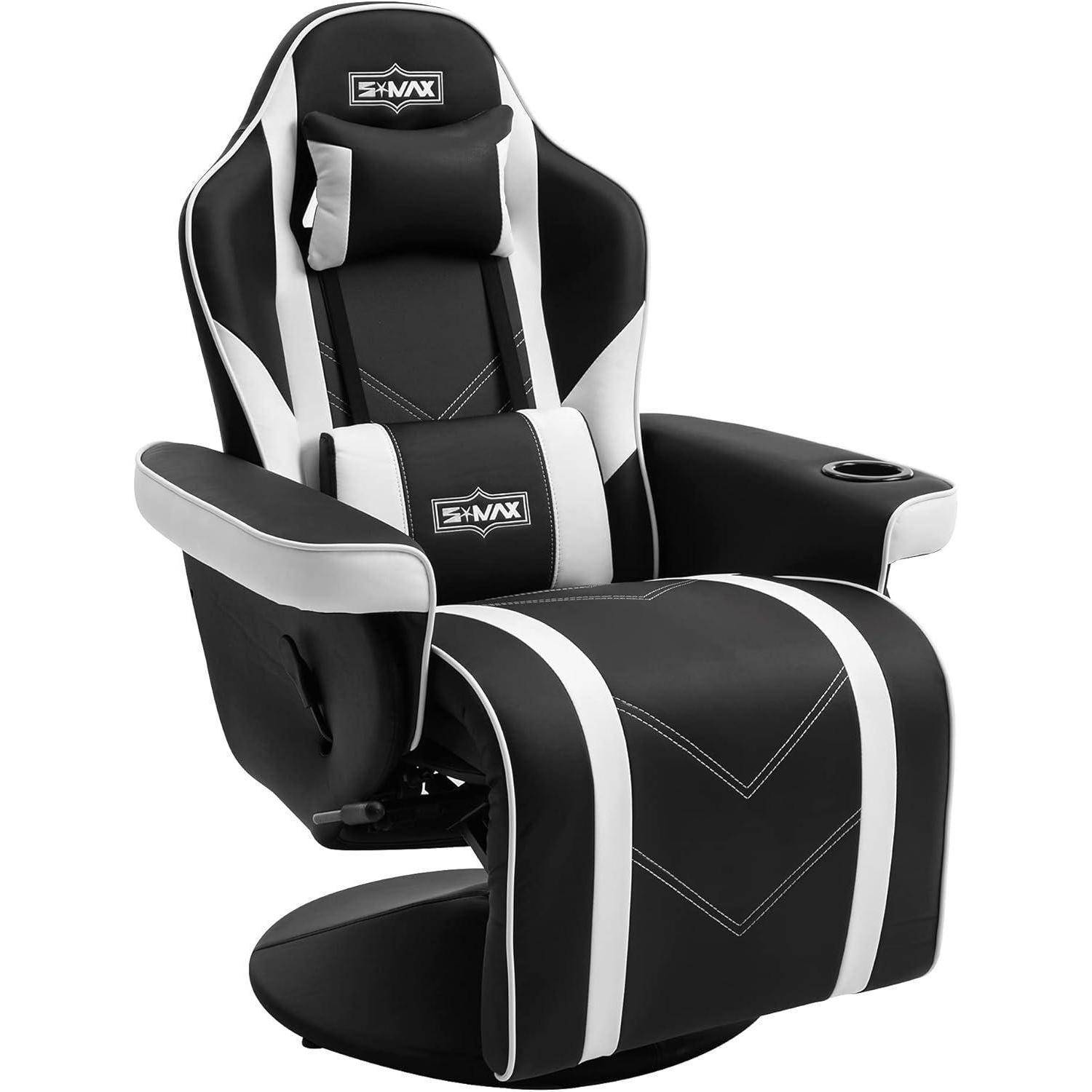 Ein schwarz-weißer Gaming-Stuhl mit Armlehnen, Kopfstütze und Becherhalter. Der Stuhl hat ein schlankes, ergonomisches Design.