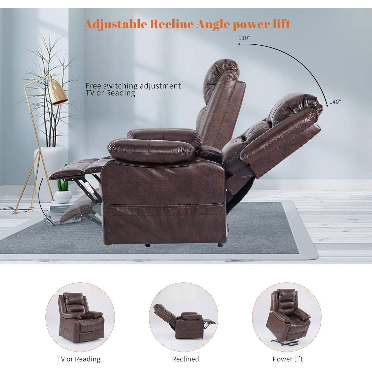 Verstellbarer Neigungswinkel Power Lift Sessel mit Positionen: TV oder Lesen, Zurückgelehnt und Power Lift. Winkel von 110° bis 140°.