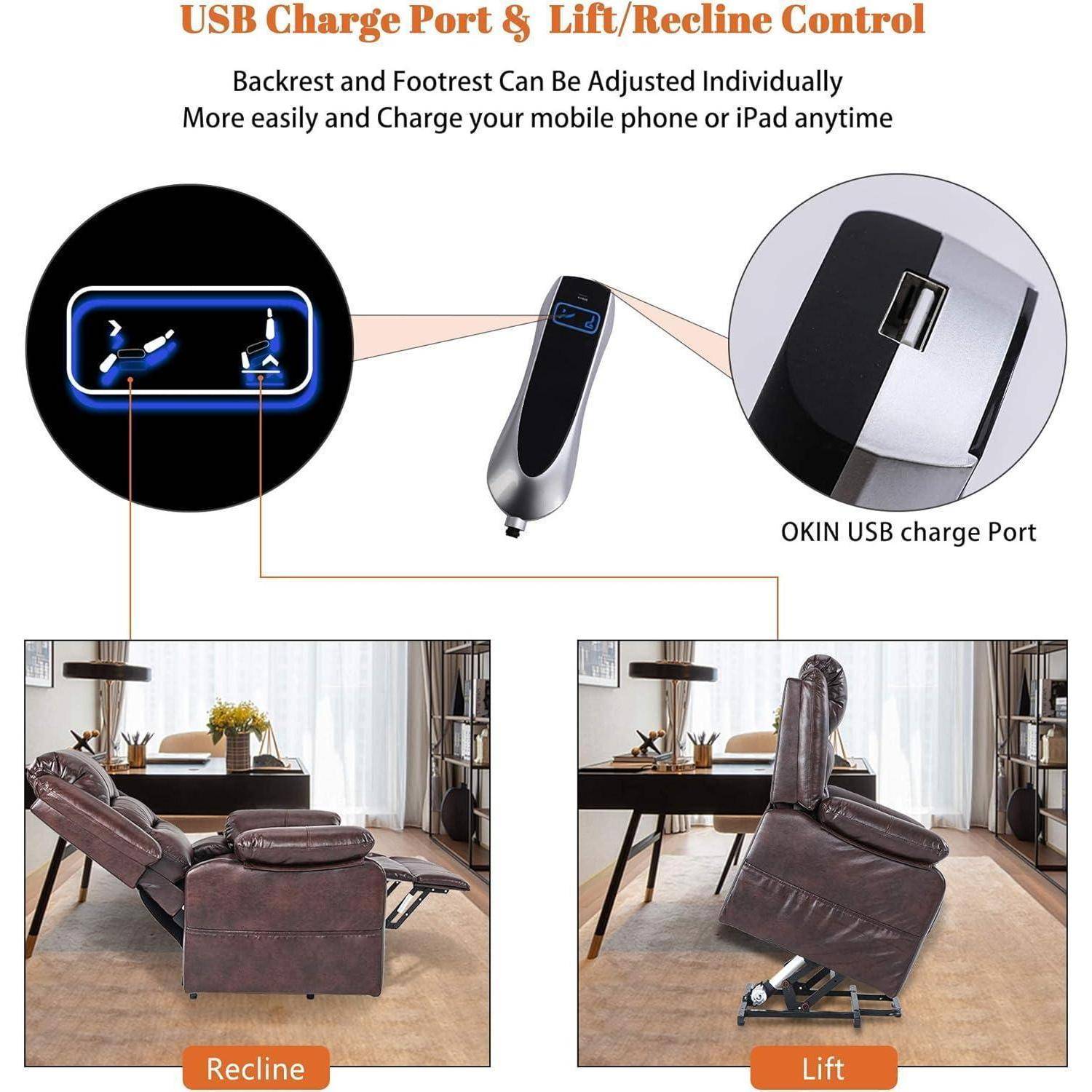 Relaxsessel mit USB-Ladeanschluss, Hebe- und Neigungskontrolle. Ausgestattet mit Rückenlehnenverstell- und Fußstützeneinstellungsmöglichkeiten für Komfort und Geräteladung.