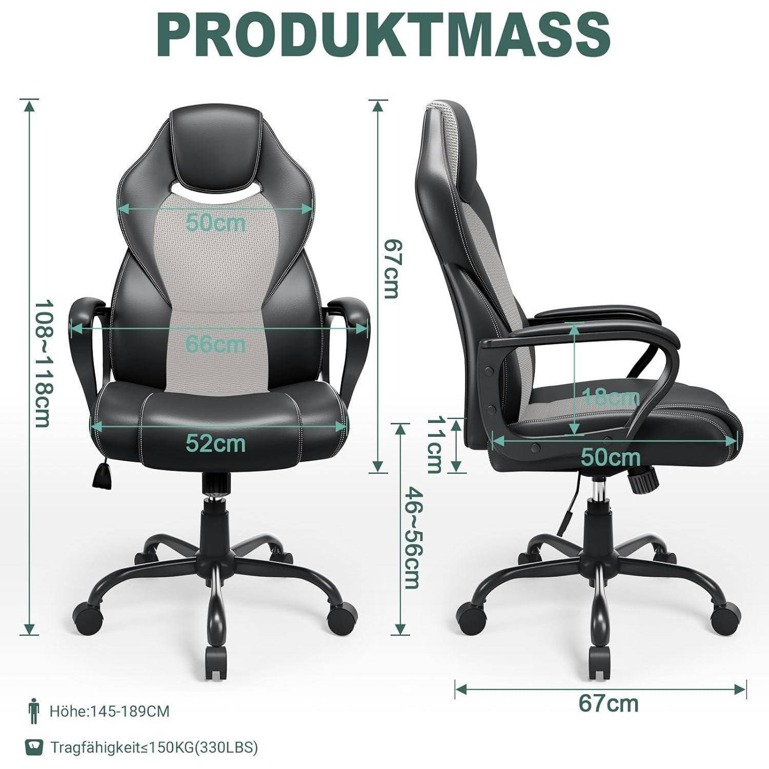Auf dem 'PRODUKTMASS'-Bild ist eine Zweieransicht eines Bürostuhls mit beschrifteten Maßen zu sehen: Höhe 108-118 cm, Sitzbreite 50 cm, Tiefe 52 cm, Rückenlehne 67 cm.