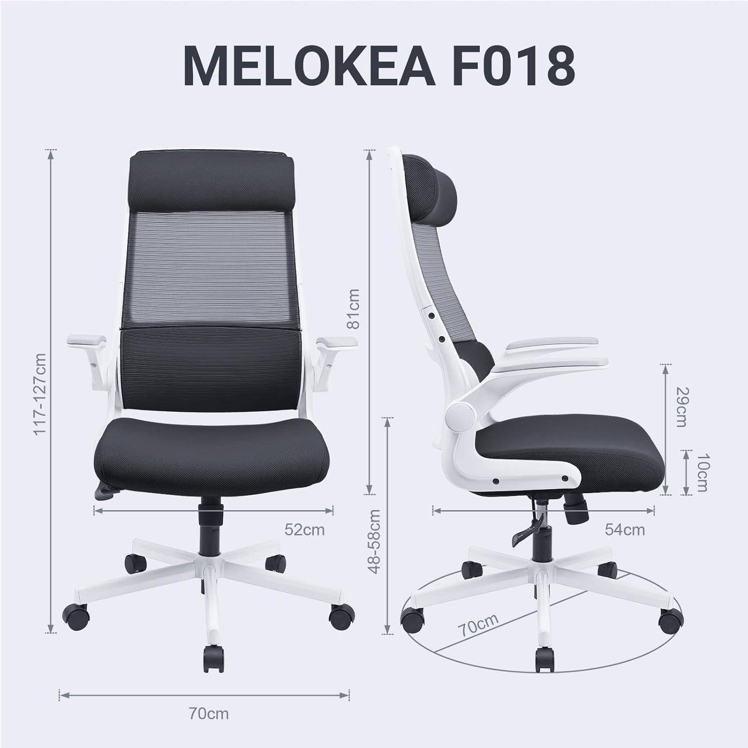 MELOKEA F018' Bürostuhl, dargestellt aus Vorder- und Seitenansicht. Ausgestattet mit verstellbarer Höhe (117-127 cm), Kopfstütze, Lendenwirbelstütze und gepolsterten Armlehnen.