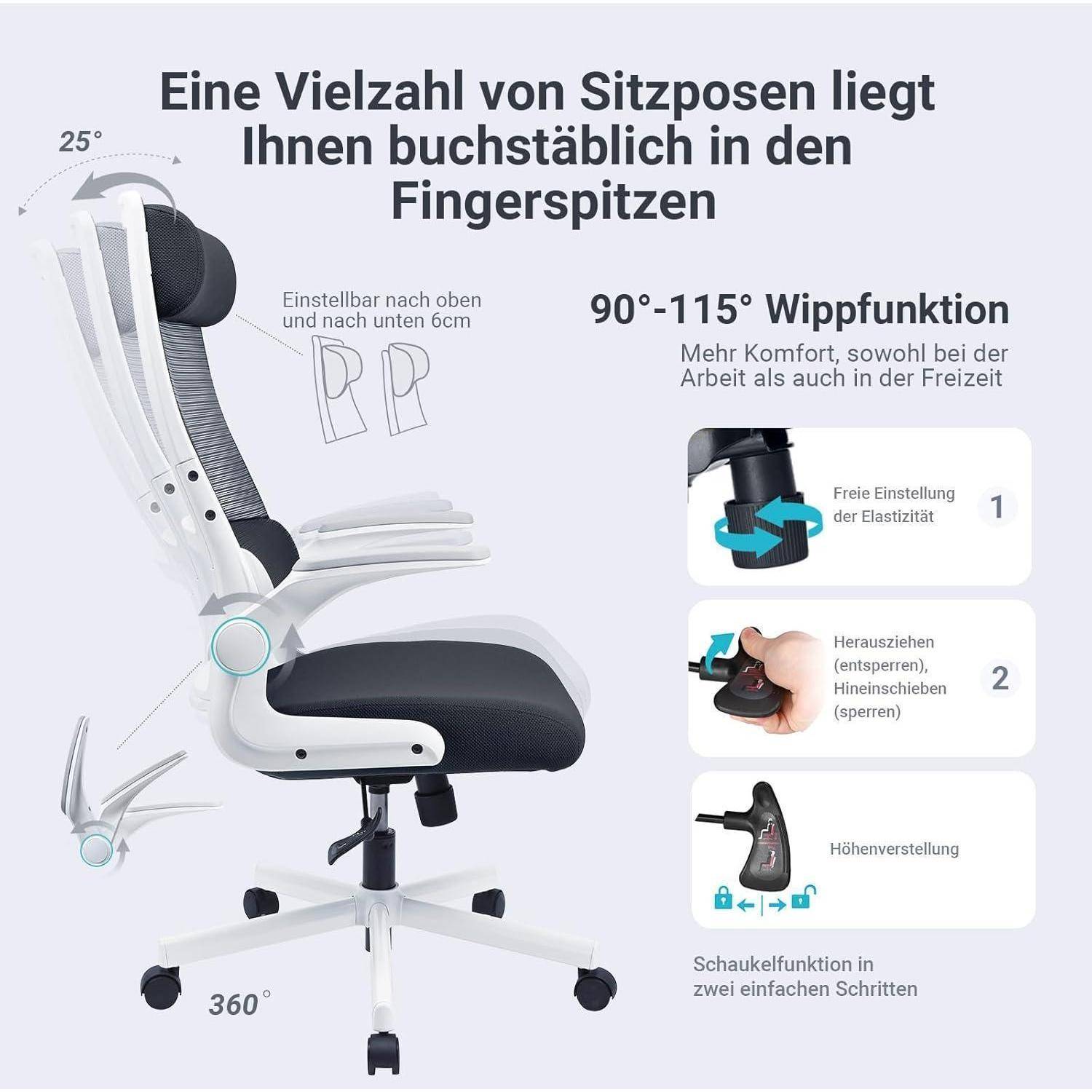 Ein ergonomischer Bürostuhl mit verstellbarer Höhe, Neigung und Elastizität wird präsentiert. Zu den Funktionen gehört eine Rücklehnfunktion von 90°-115°. Der deutsche Text hebt die verstellbaren Eigenschaften und Komfortvorteile hervor.