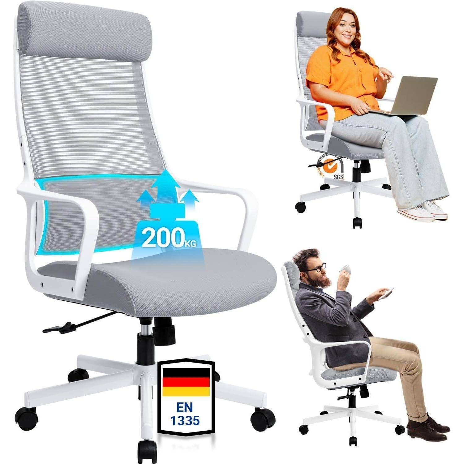 Ergonomischer Bürostuhl in Grau und Weiß mit Kopfstütze, verstellbaren Funktionen und einer Tragfähigkeit von 200 kg. Zwei Personen demonstrieren die Nutzung.