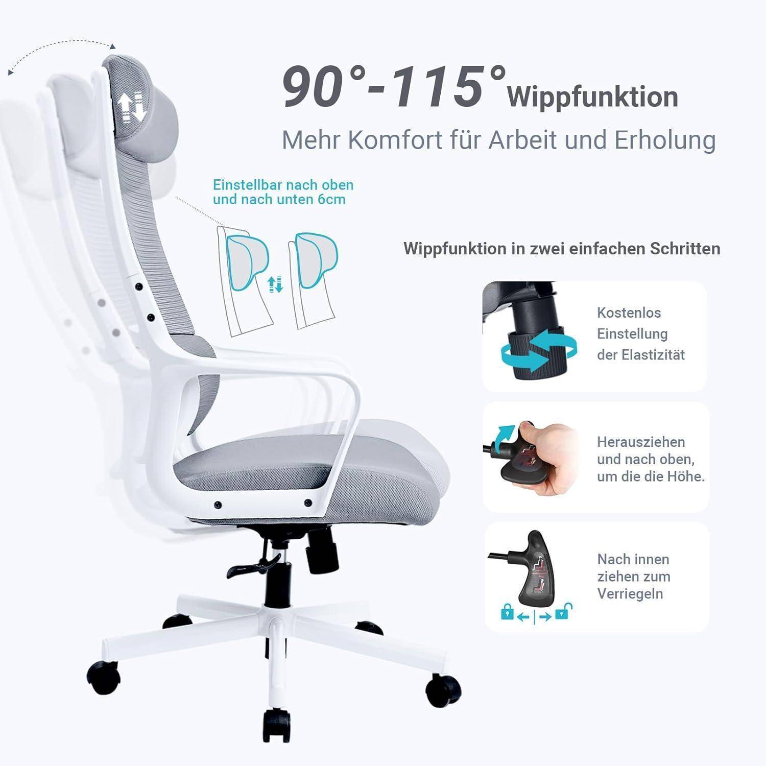 Seitenansicht eines verstellbaren Bürostuhls mit Kopfstütze und Armlehnen. Funktionen umfassen Kippfunktion (90°-115°), Höhenverstellung und Arretierungsmechanismus für zusätzlichen Komfort.