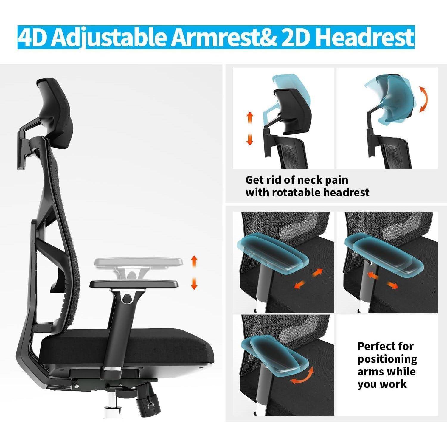 Ergonomischer Bürostuhl mit Adaptiver Rückenlehne 4D Armlehnen Schwarz