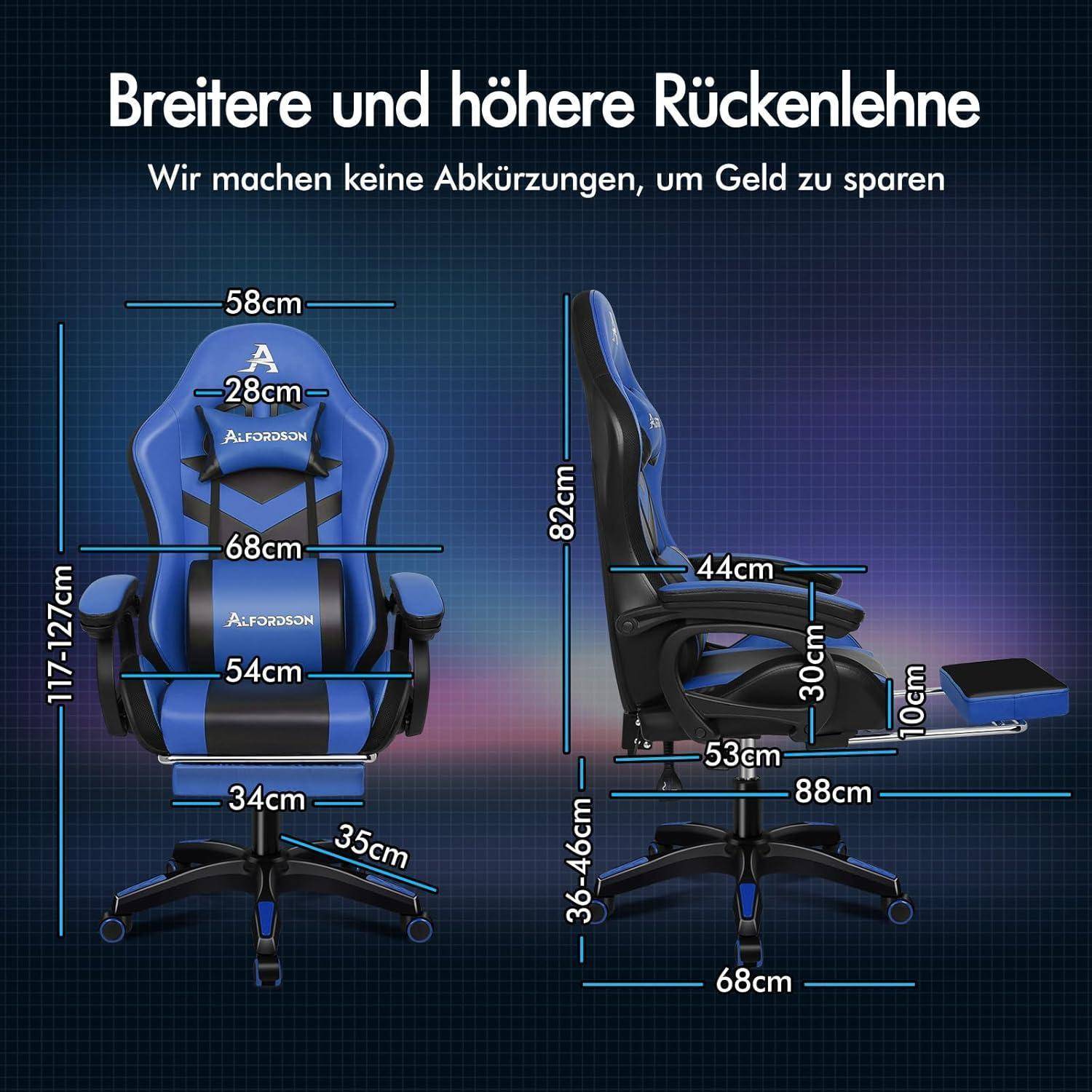 Ein blauer und schwarzer Gaming-Stuhl mit verstellbaren Abmessungen ist abgebildet. Wichtige Maße umfassen die Sitzbreite (68 cm) und Höhe (117-127 cm).
