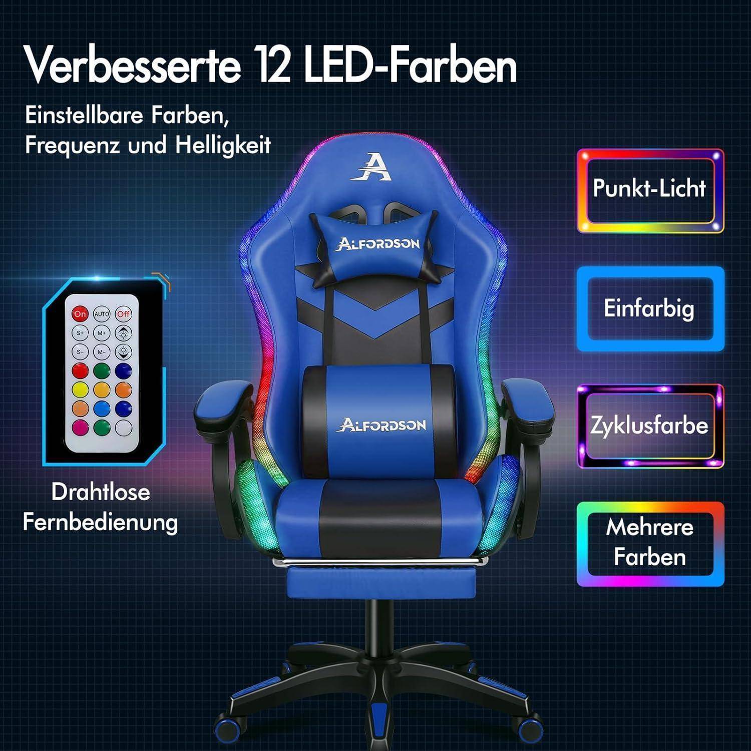 Gaming-Stuhl mit LEDs, zeigt 12 Farboptionen. Fernbedienung zur Anpassung von Farben, Frequenz und Helligkeit. Beschriftungen: 'Punkt-Licht', 'Einfarbig', 'Zyklusfarbe', 'Mehrere Farben'.