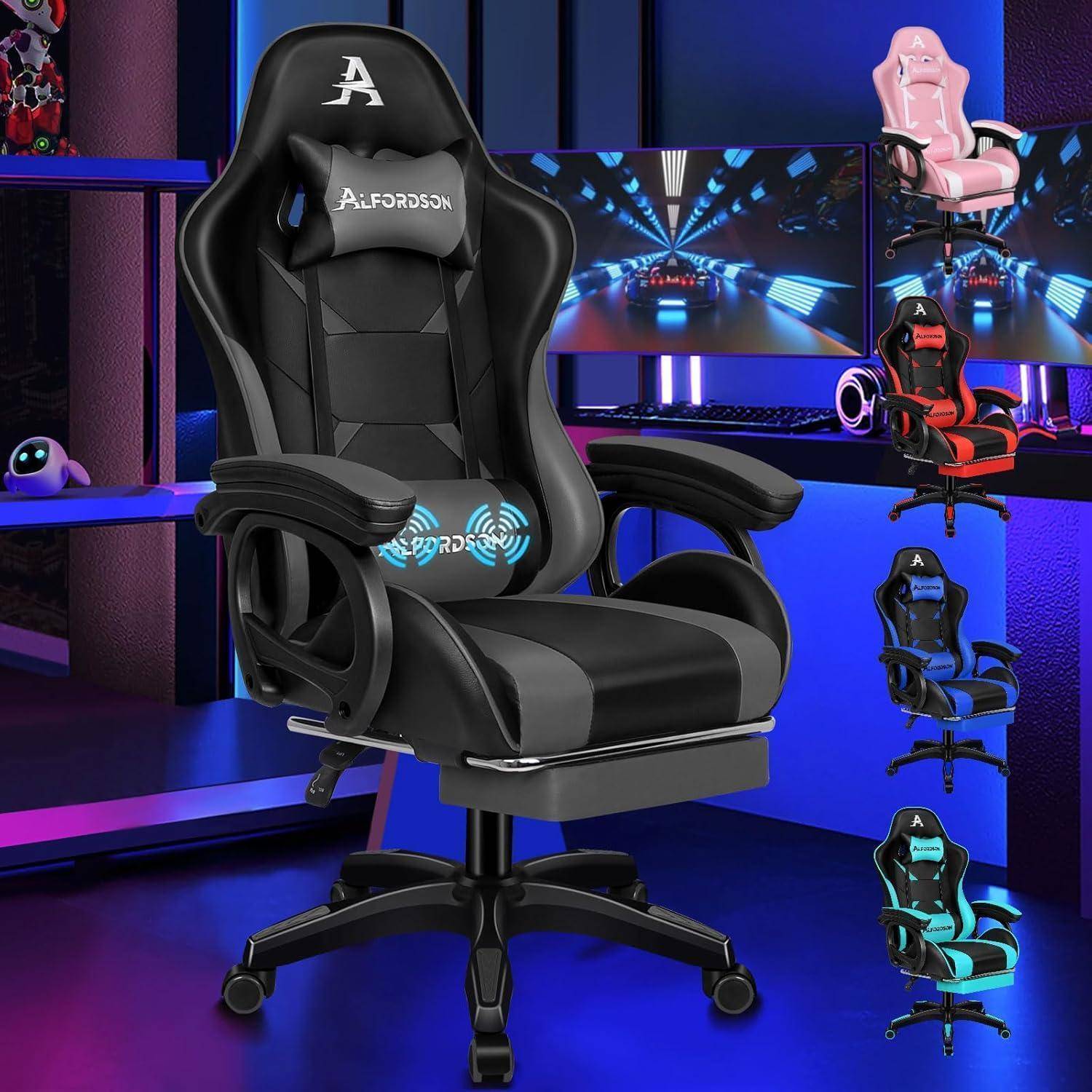 Gaming-Stuhl mit ergonomischem Design in Schwarz und Grau, ausgestattet mit Massagefunktion und verstellbaren Armlehnen. Neon-beleuchteter Raum mit Gaming-Dekoration.