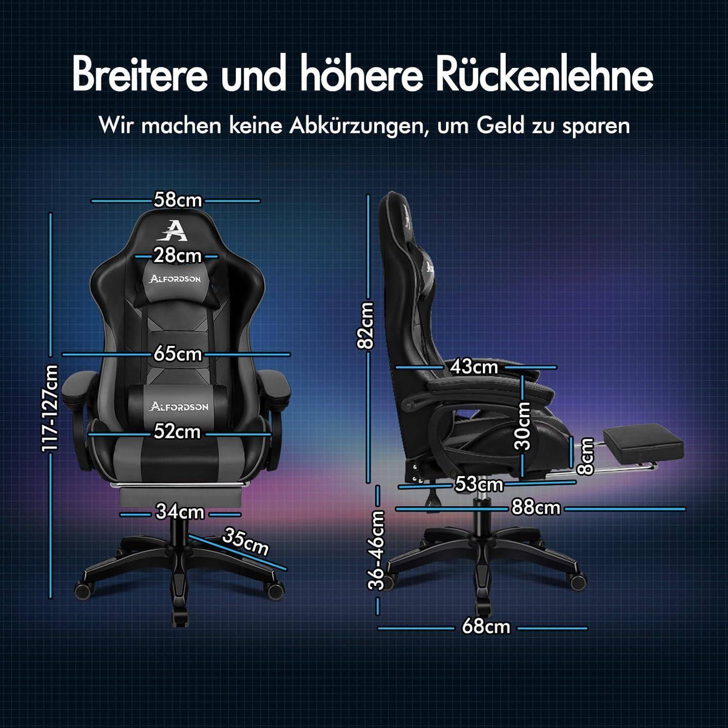 Gaming-Stuhl-Diagramm mit Maßangaben: Rückenlehne 82 cm hoch, Sitztiefe 52 cm, Armlehne 34-46 cm hoch, mit ausziehbarer Fußstütze.