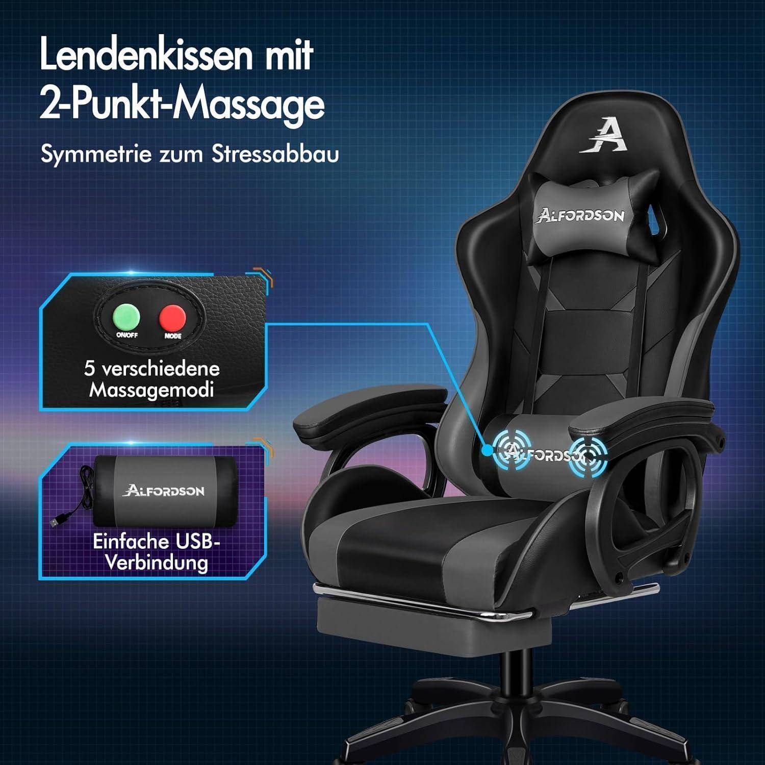 Gaming-Stuhl mit Lendenkissen, ausgestattet mit 2-Punkt-Massage, fünf Massagemodi und einfacher USB-Verbindung. Text lautet 'Symmetrie zum Stressabbau'.