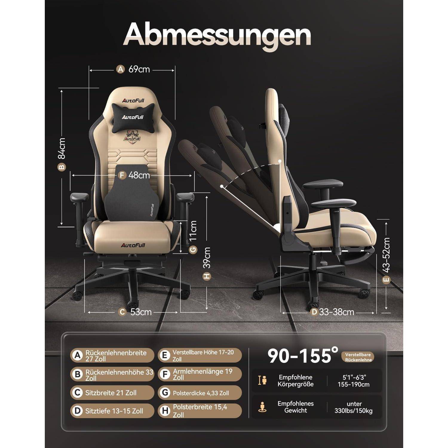 Das Bild zeigt einen Gaming-Stuhl mit folgenden Maßen: Sitzhöhe 34-41 cm, Sitzbreite 53 cm, Rückenlehne 77 cm, Neigungswinkel 90-155 Grad.