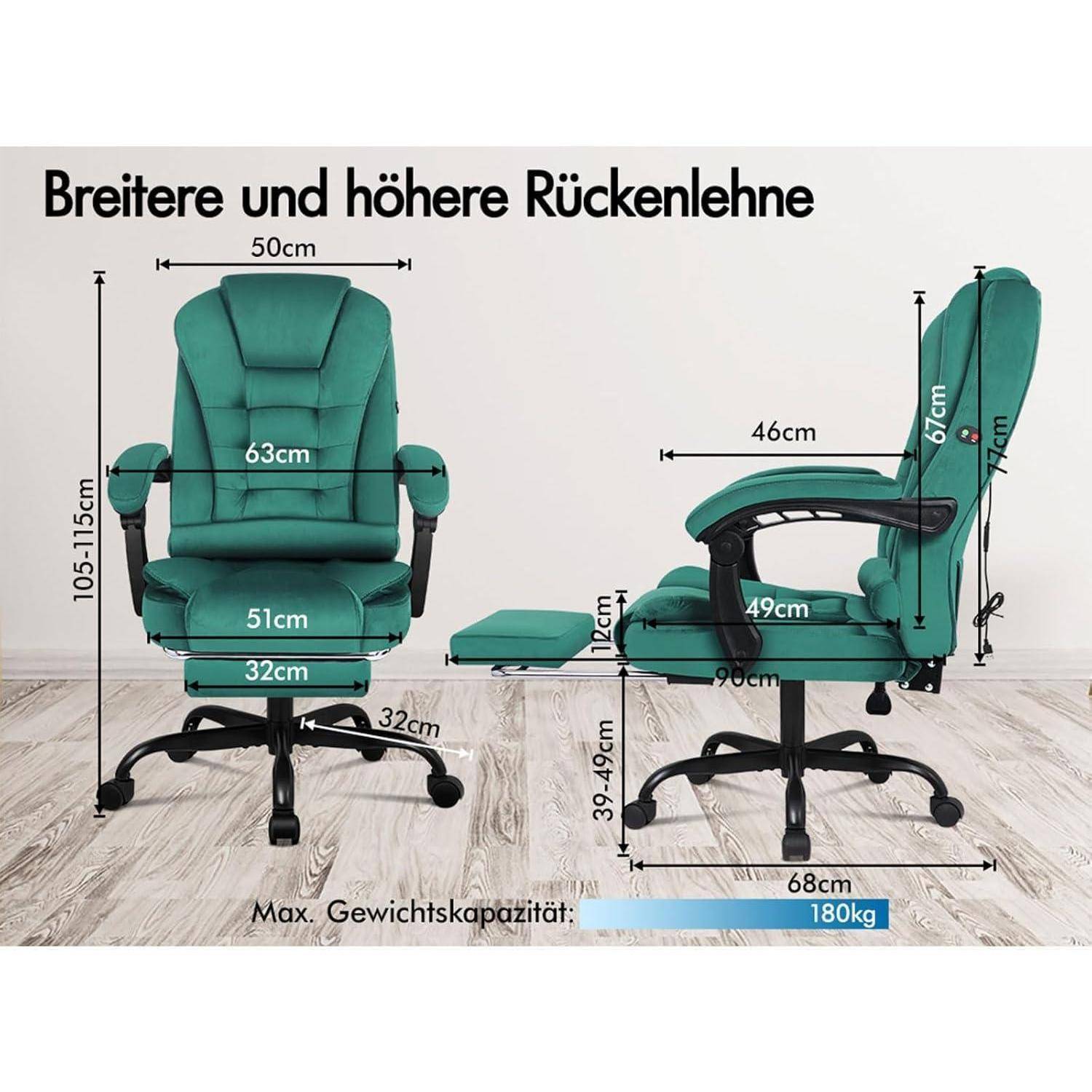 Grüner ergonomischer Bürostuhl mit beschrifteten Maßen: Sitzbreite 63 cm, Sitztiefe 51 cm und Sitzhöhe verstellbar von 105 bis 115 cm. Maximale Gewichtskapazität: 180 kg.