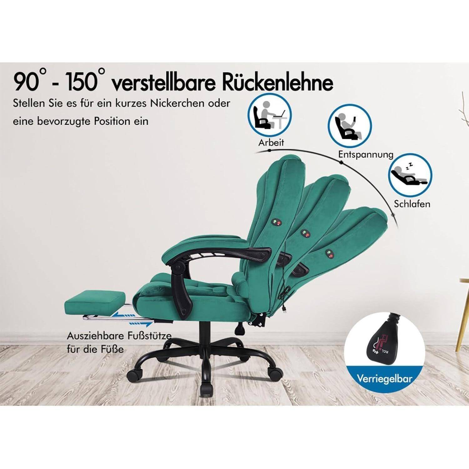 90° - 150° verstellbare Rückenlehne: einstellbar für Arbeit, Entspannung oder Schlaf. Inklusive Fußstützen-Verlängerung. Mit Arretierungsmechanismus.