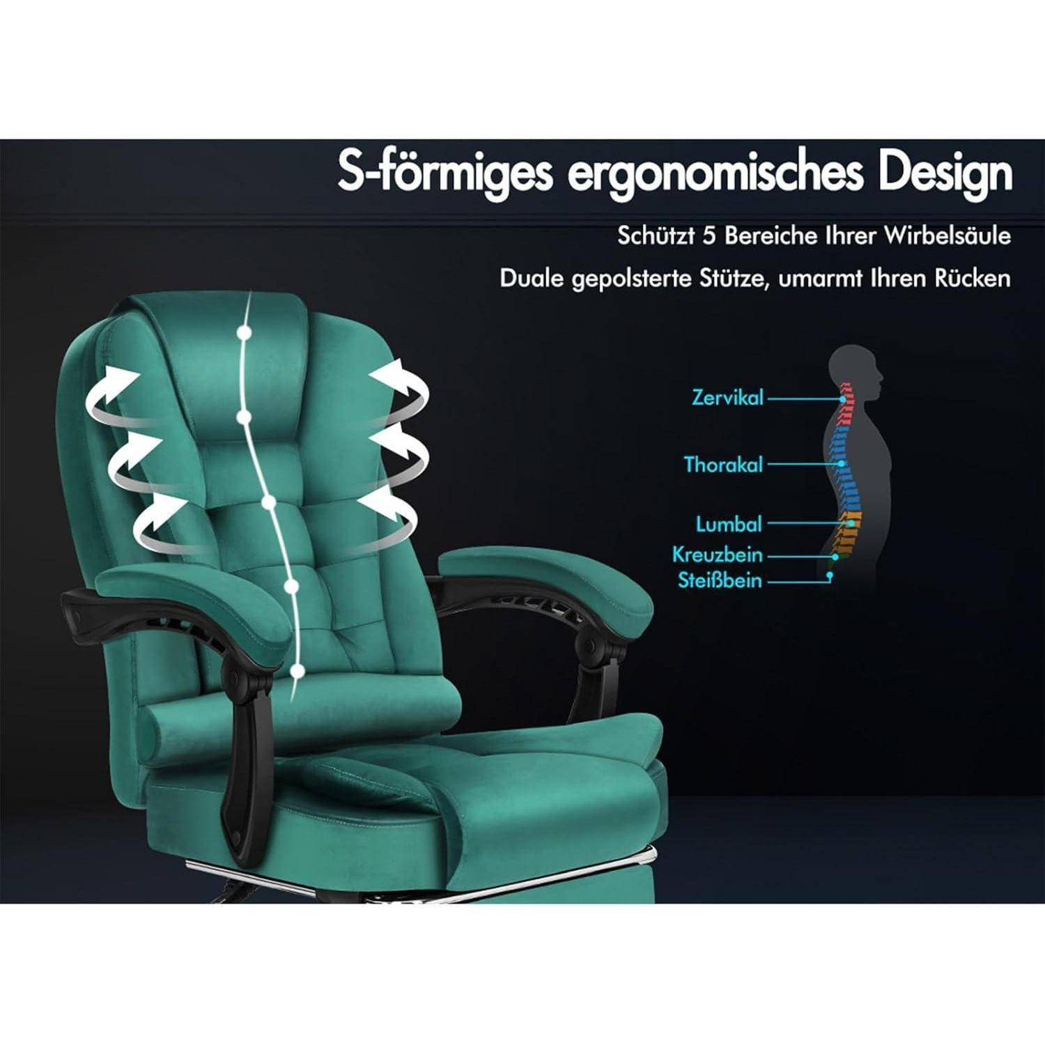 Ein ergonomischer Stuhl mit S-förmigem ergonomischem Design, der die Wirbelsäulenbereiche unterstützt: Zervikale, thorakale, lumbale, sakrale und kokkygeare Abschnitte.