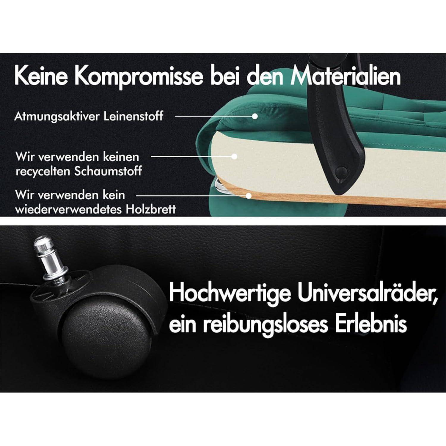 Keine Kompromisse bei den Materialien' mit Liste: atmungsaktives Leinen, kein recyceltes Schaumstoff, kein wiederverwendetes Holz. Radabbildung mit 'Hochwertige Universalräder, ein reibungsloses Erlebnis'.