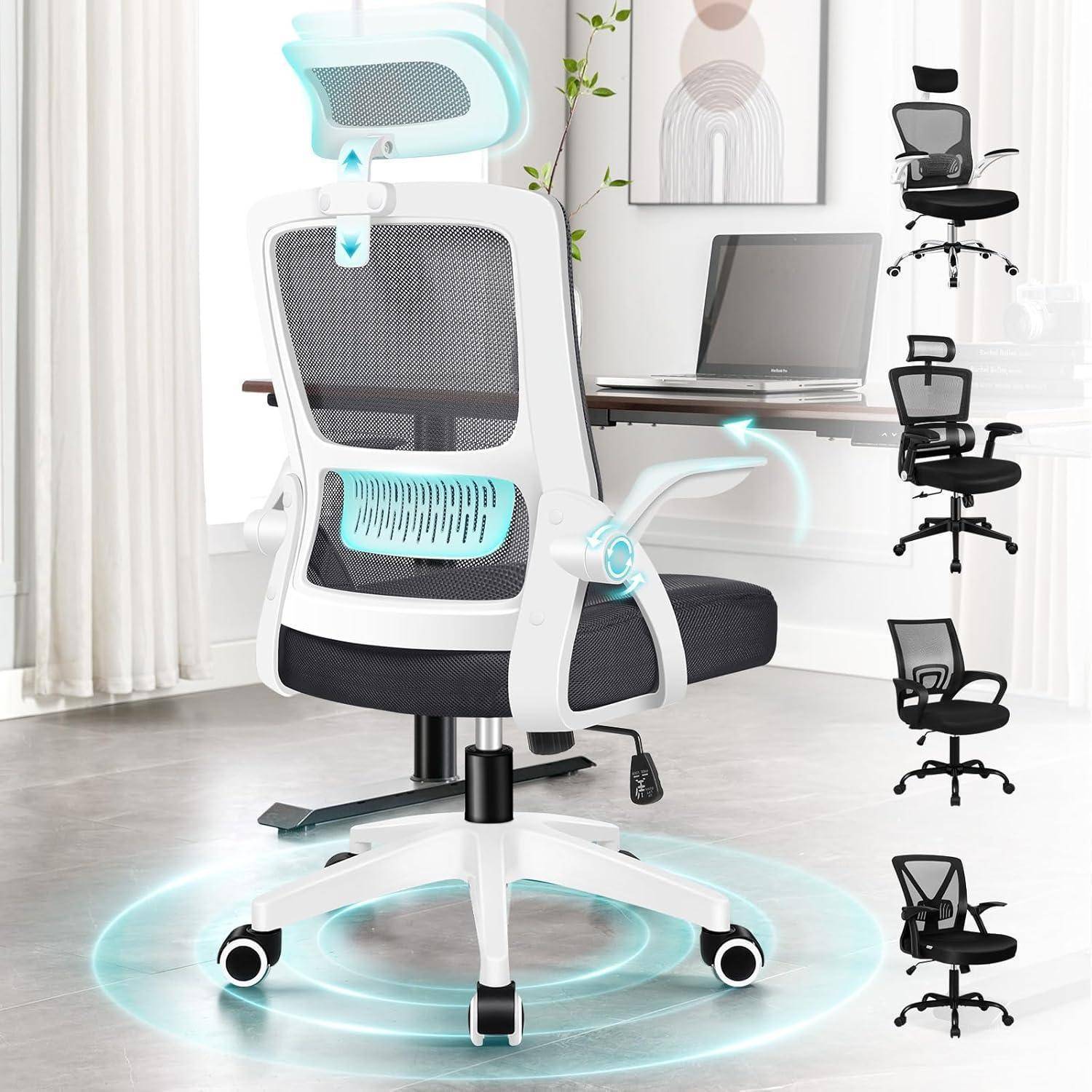 Moderner ergonomischer Bürostuhl mit Netzrücken, verstellbarer Kopfstütze und Lordosenstütze. Bietet zahlreiche Einstellungsmöglichkeiten und drehbare Rollen.