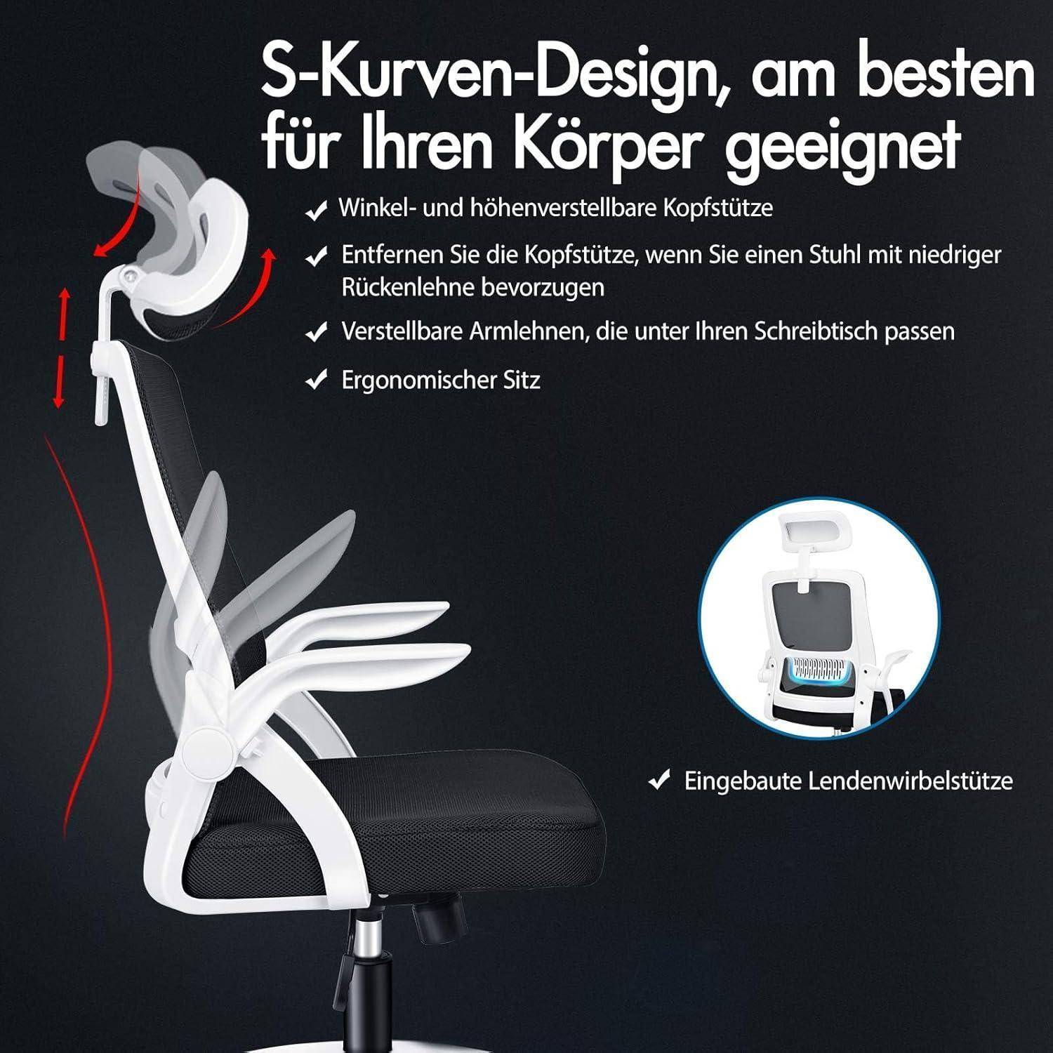 Bürostuhl Ergonomisch Netz Lordose Kopfstütze Arco-weiß Schwarz Arco