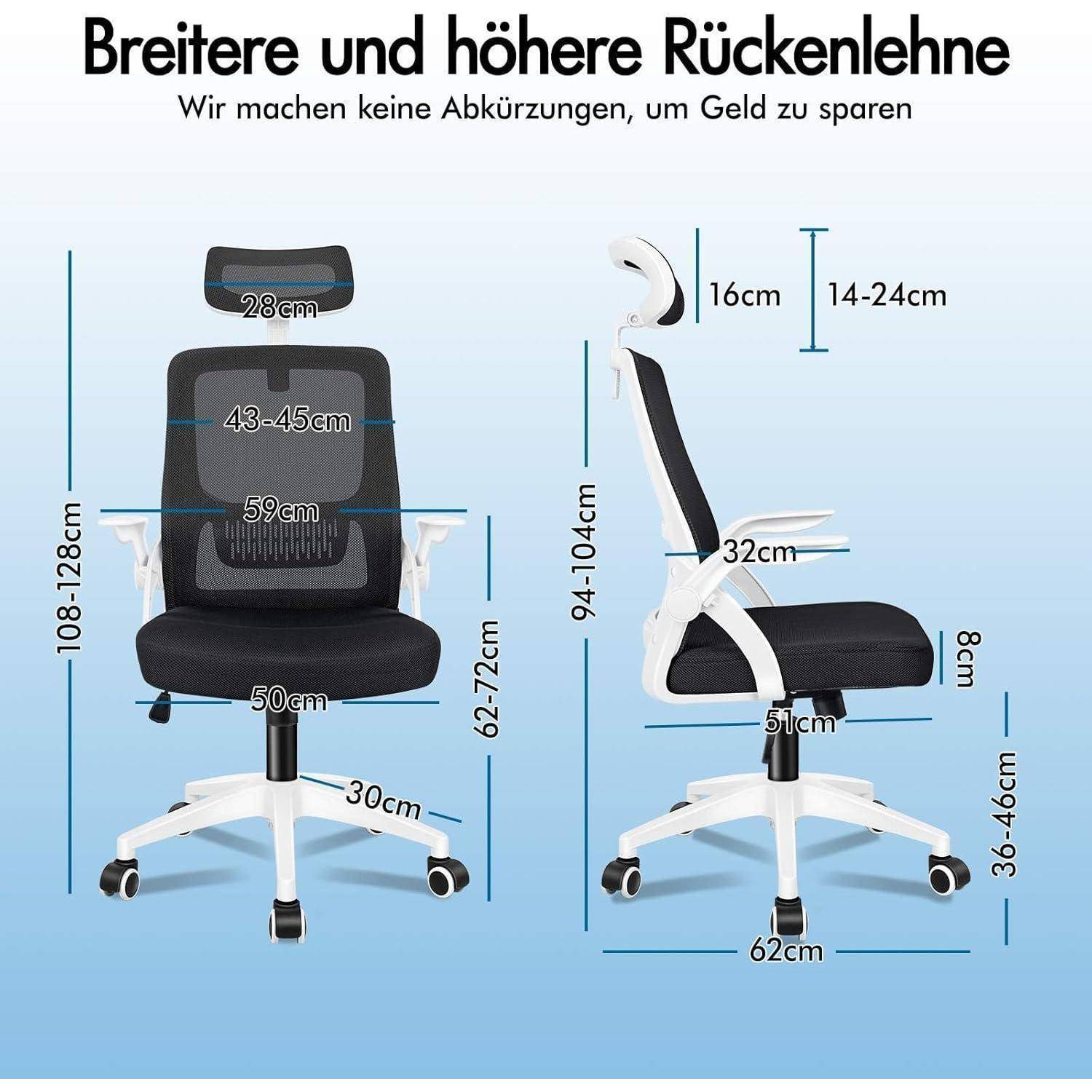 Breitere und höhere Rückenlehne. Wir machen keine Abkürzungen, um Geld zu sparen. Diagramm mit Stuhlabmessungen: Sitzhöhe, Rückenlehnenbreite, Breite und Tiefe.