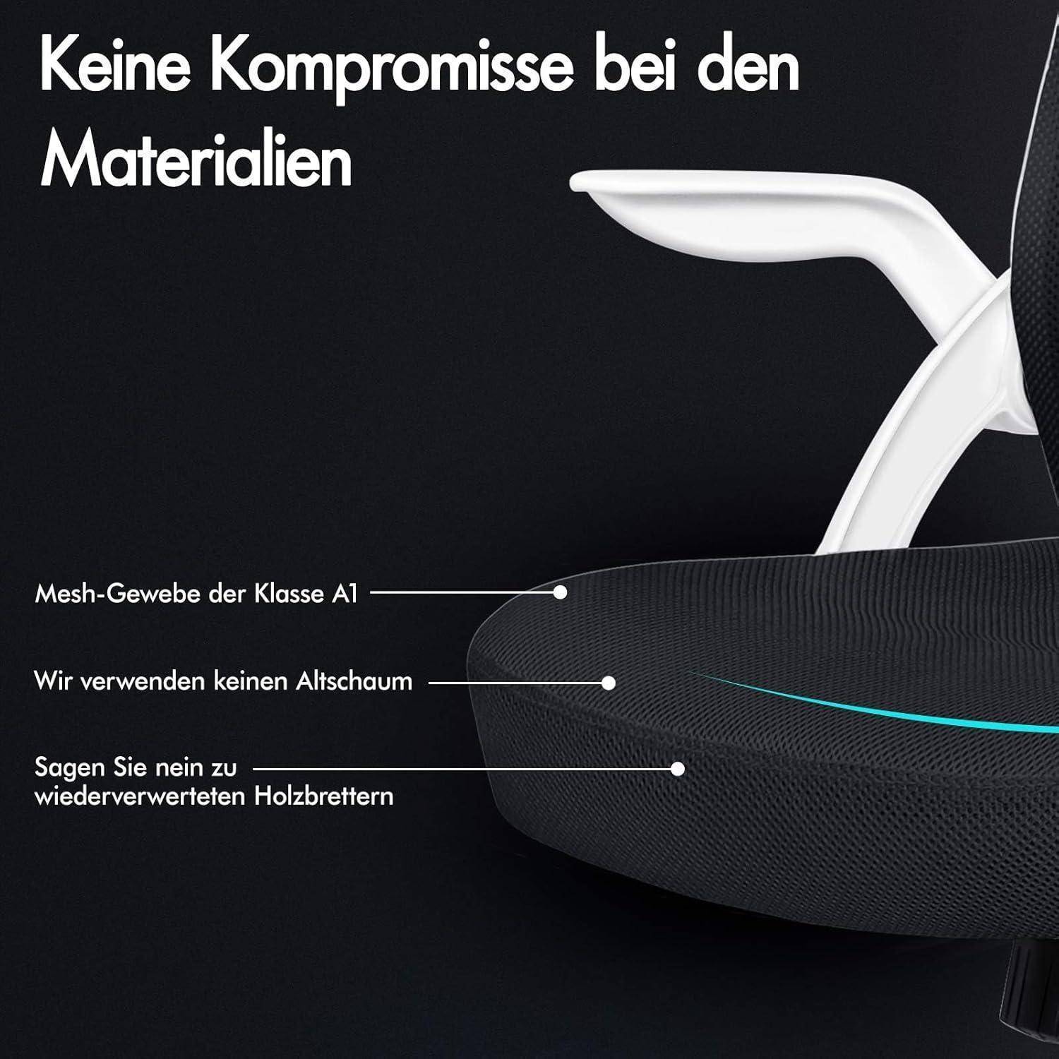 Bürostuhl in schwarzem Netzstoff mit Armlehnen. Texthervorhebung 'Keine Kompromisse bei den Materialien'. Merkmale umfassen Memoryschaum und recyceltes Holz.