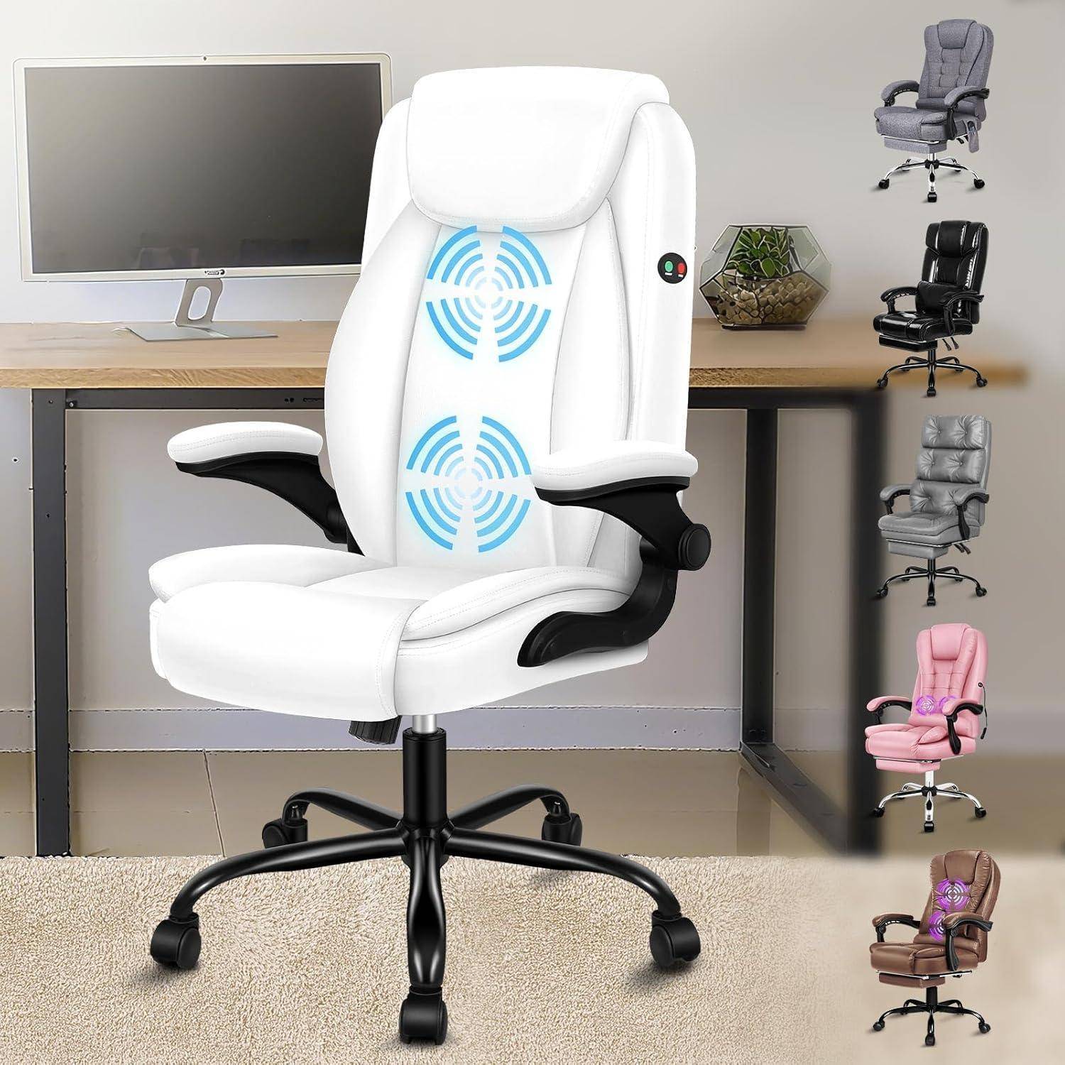 Ein weißer ergonomischer Bürostuhl mit Massagefunktion vor einem Schreibtisch und Computer. Zusätzliche Farboptionen sind rechts dargestellt.