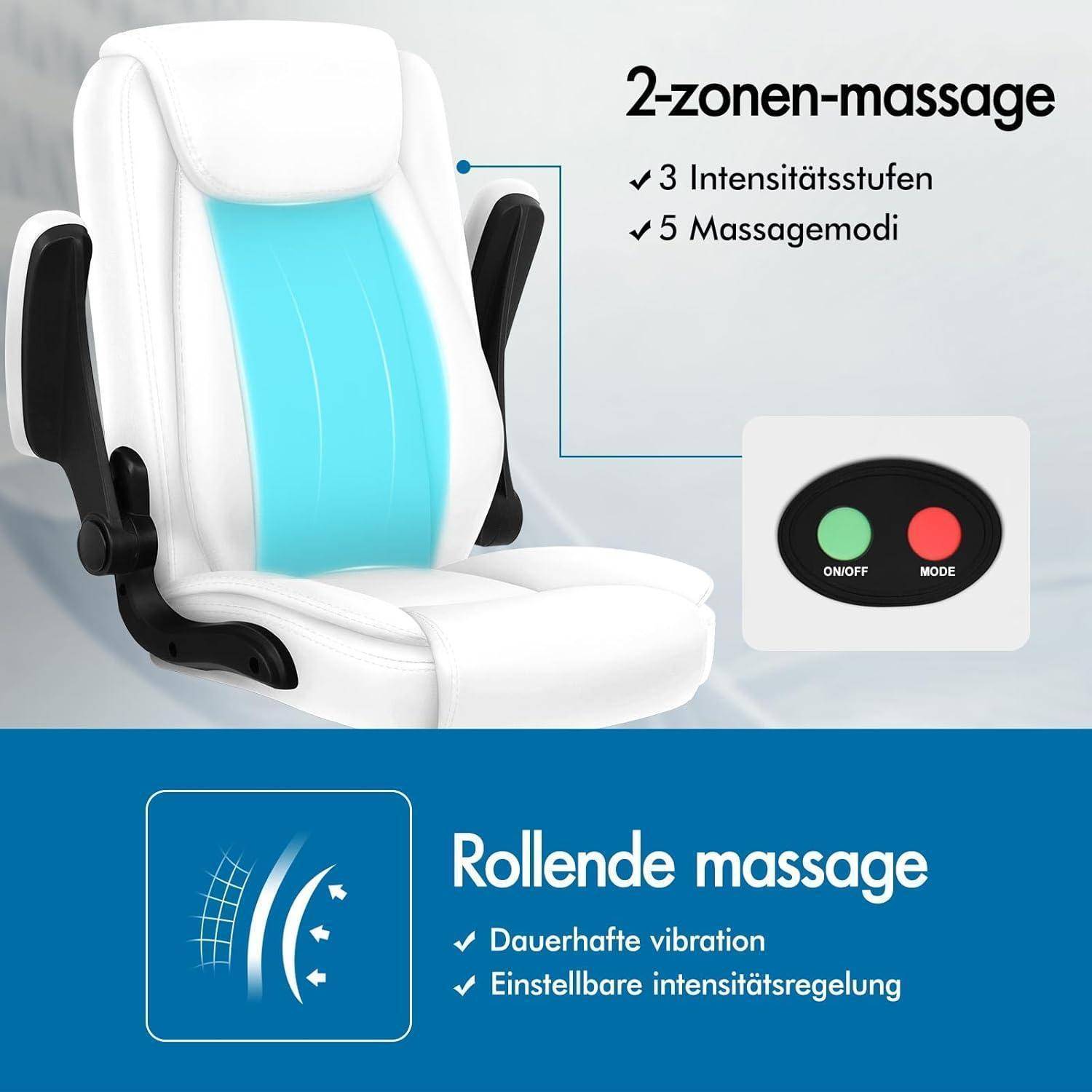 Das Bild zeigt einen weißen Massagesessel mit blauer Polsterung und hebt die '2-Zonen-Massage' hervor, der '3 Intensitätsstufen' und '5 Massagemodi' besitzt. Enthält einen Ausschnitt mit Bedienungstasten für 'Ein/Aus' und 'Modus'.
