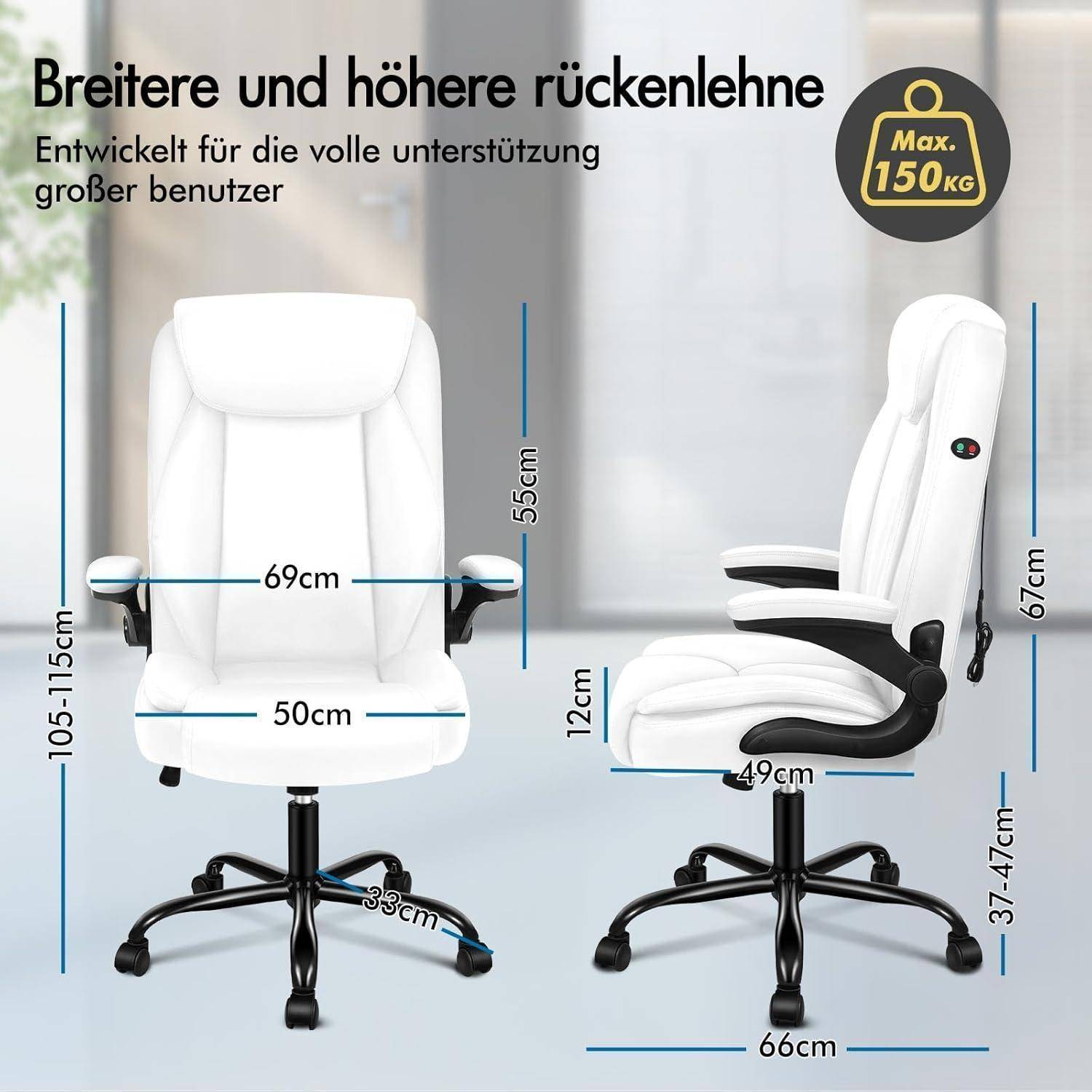Weißer Bürostuhl mit verstellbaren Funktionen: hohe Rückenlehne, Höhenverstellung von 105 bis 115 cm und einer Tragfähigkeit von 150 kg.