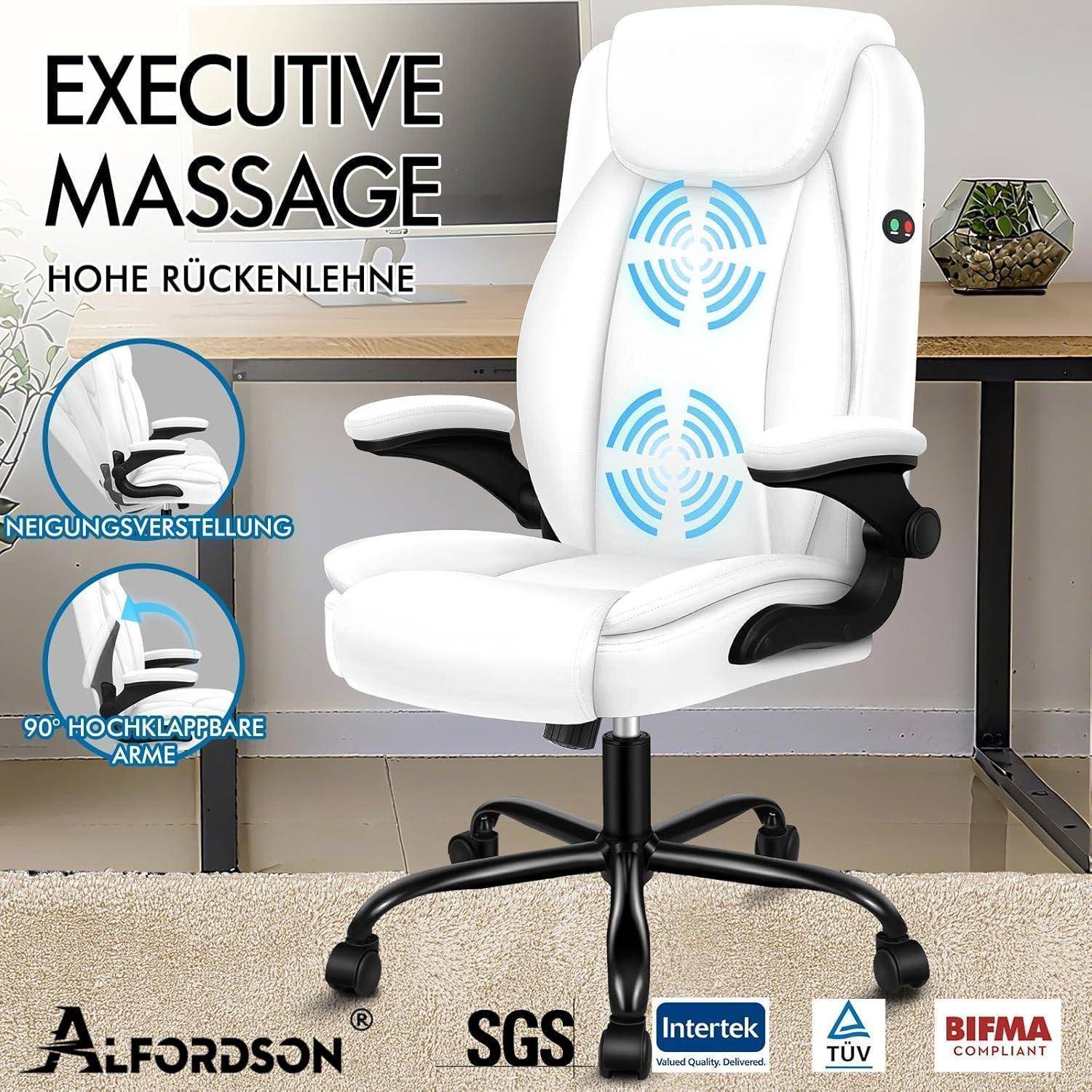 Chefsessel mit Massagefunktion mit hoher Rückenlehne, blauen Massageanzeigen. Ausgestattet mit Neigungsverstellung und klappbaren Armlehnen. Marken und Zertifizierungen werden angezeigt.
