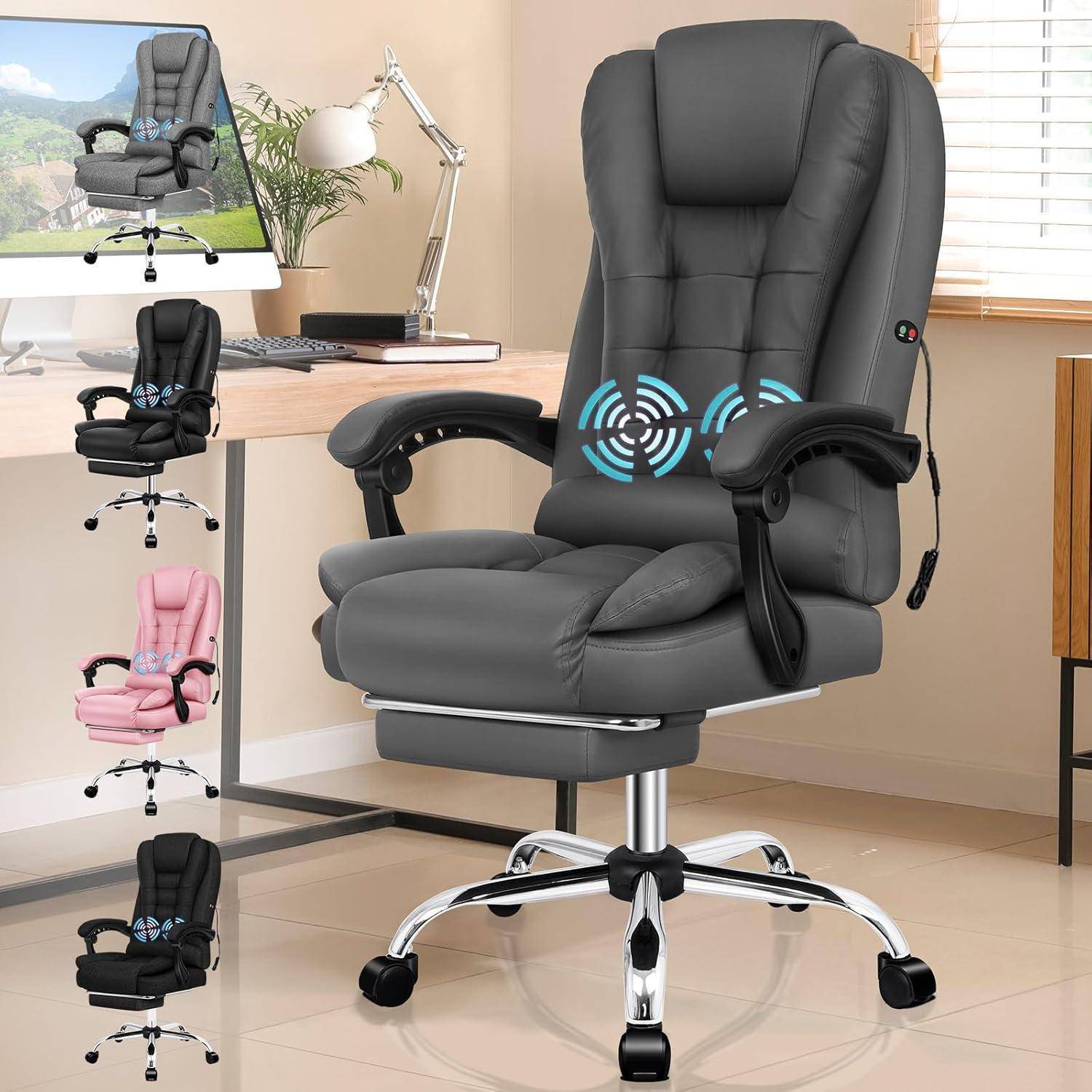 Ergonomischer Bürostuhl in schwarzem Leder mit Lordosenstütze, verstellbarer Höhe, Drehgestell und Massagefunktion; in verschiedenen Farben dargestellt.