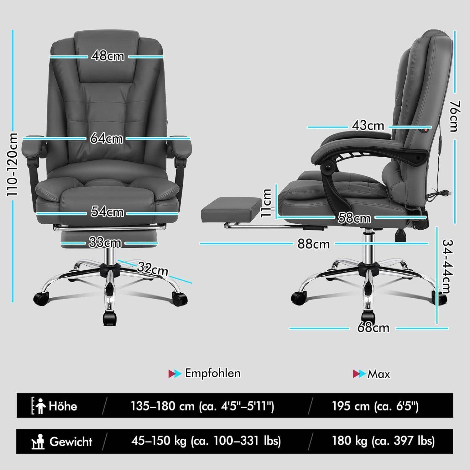 Schwarzer Bürostuhl mit verstellbarer Höhe (110-120 cm), Sitzhöhe (48 cm) und Breite (54 cm). Empfohlene Körpergröße/Gewicht: 135-180 cm, 45-150 kg. Max. Höhe/Gewicht: 195 cm, 180 kg.