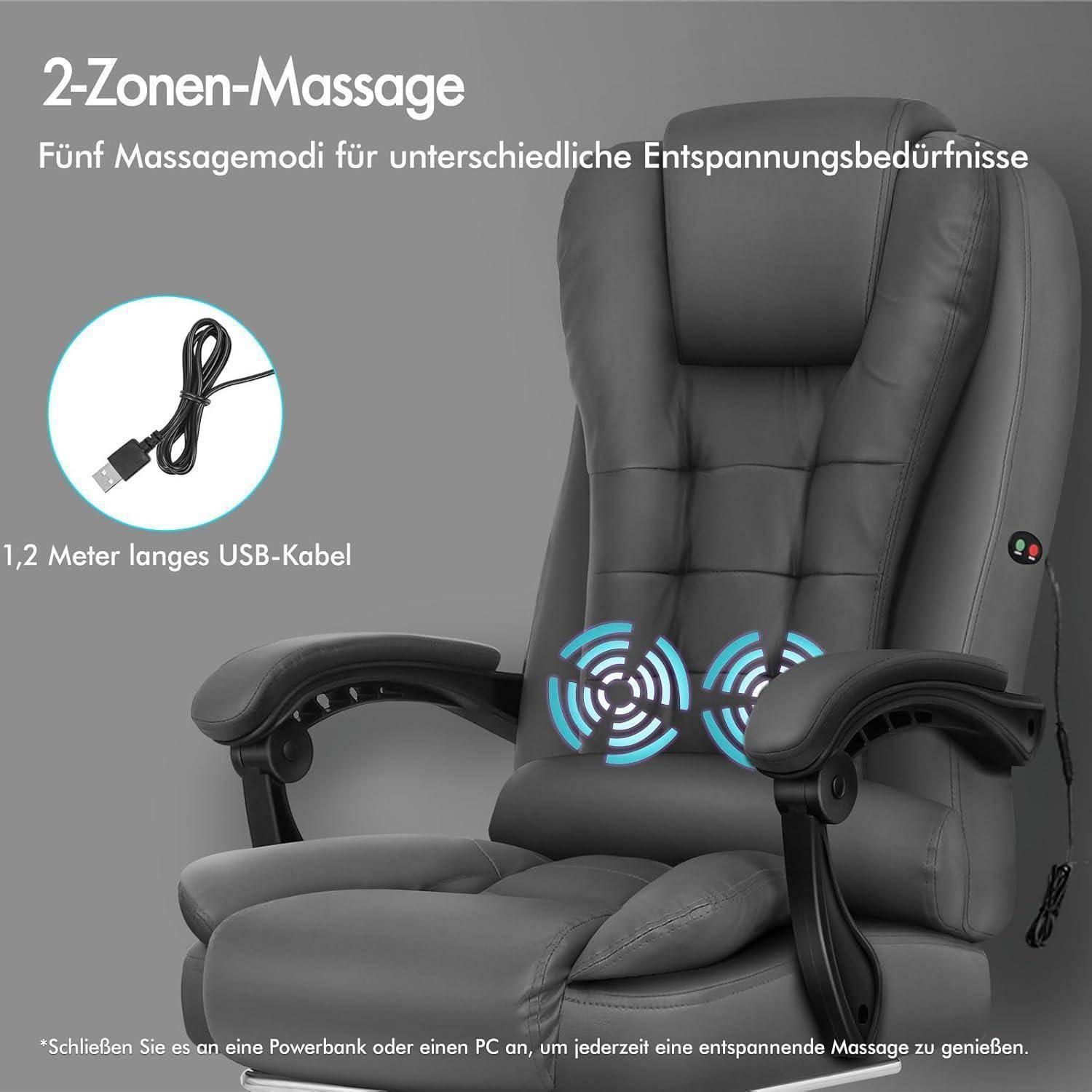 Ein grauer Massagesessel mit Armlehnen bietet eine '2-Zonen-Massage' und fünf Modi. Inklusive eines 1,2-Meter-USB-Kabels für Stromversorgungsoptionen.