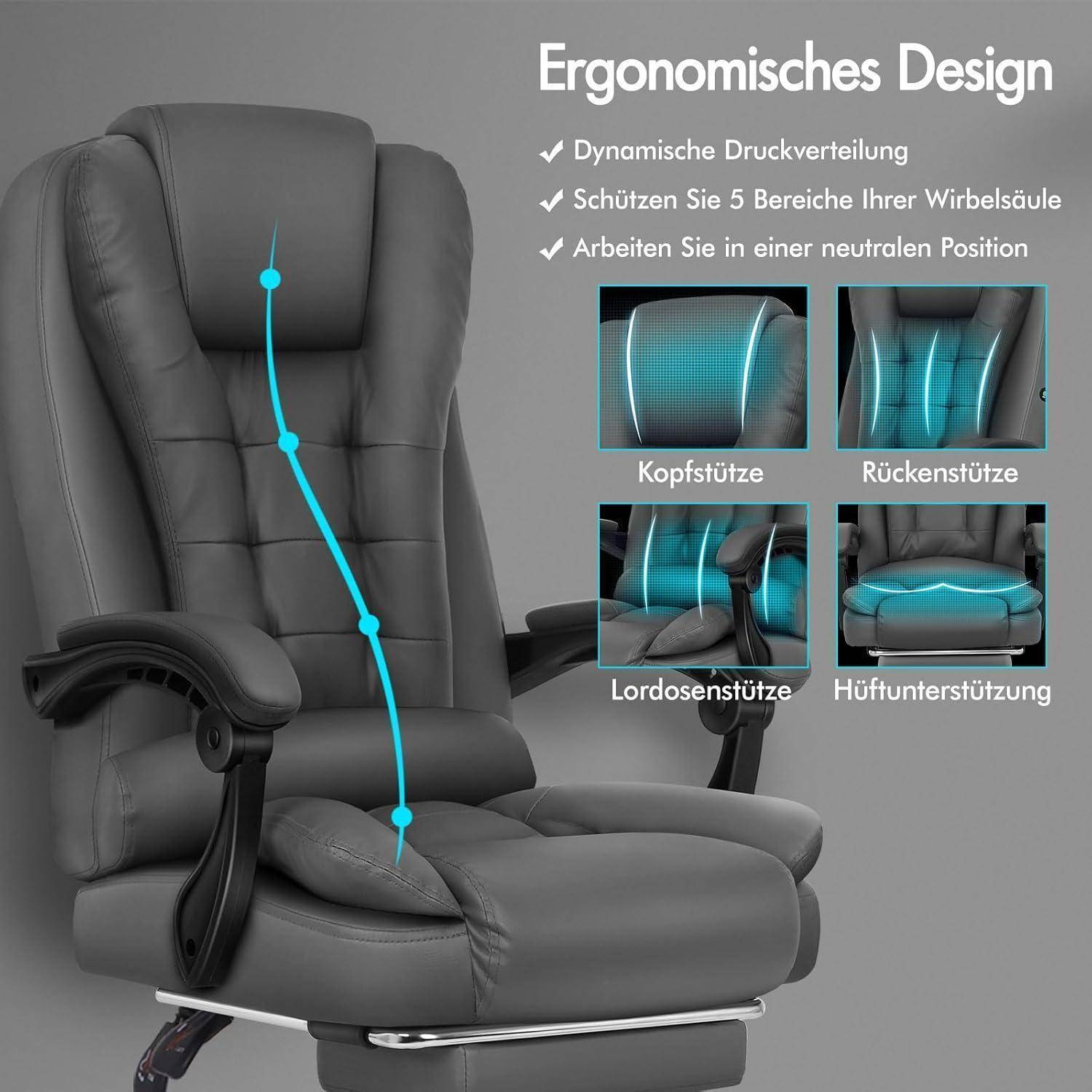 Ergonomischer Stuhl mit Lenden-, Kopf- und Rückenstütze hervorgehoben; entwickelt für dynamische Druckverteilung zum Schutz der Wirbelsäule.