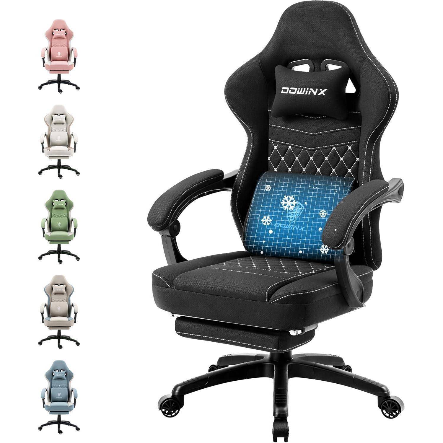 Ein schwarzer Gaming-Stuhl mit Rautenstepp, verstellbaren Armlehnen, Lendenkissen und Neigungsfunktion. Sechs Farboptionen werden angezeigt.