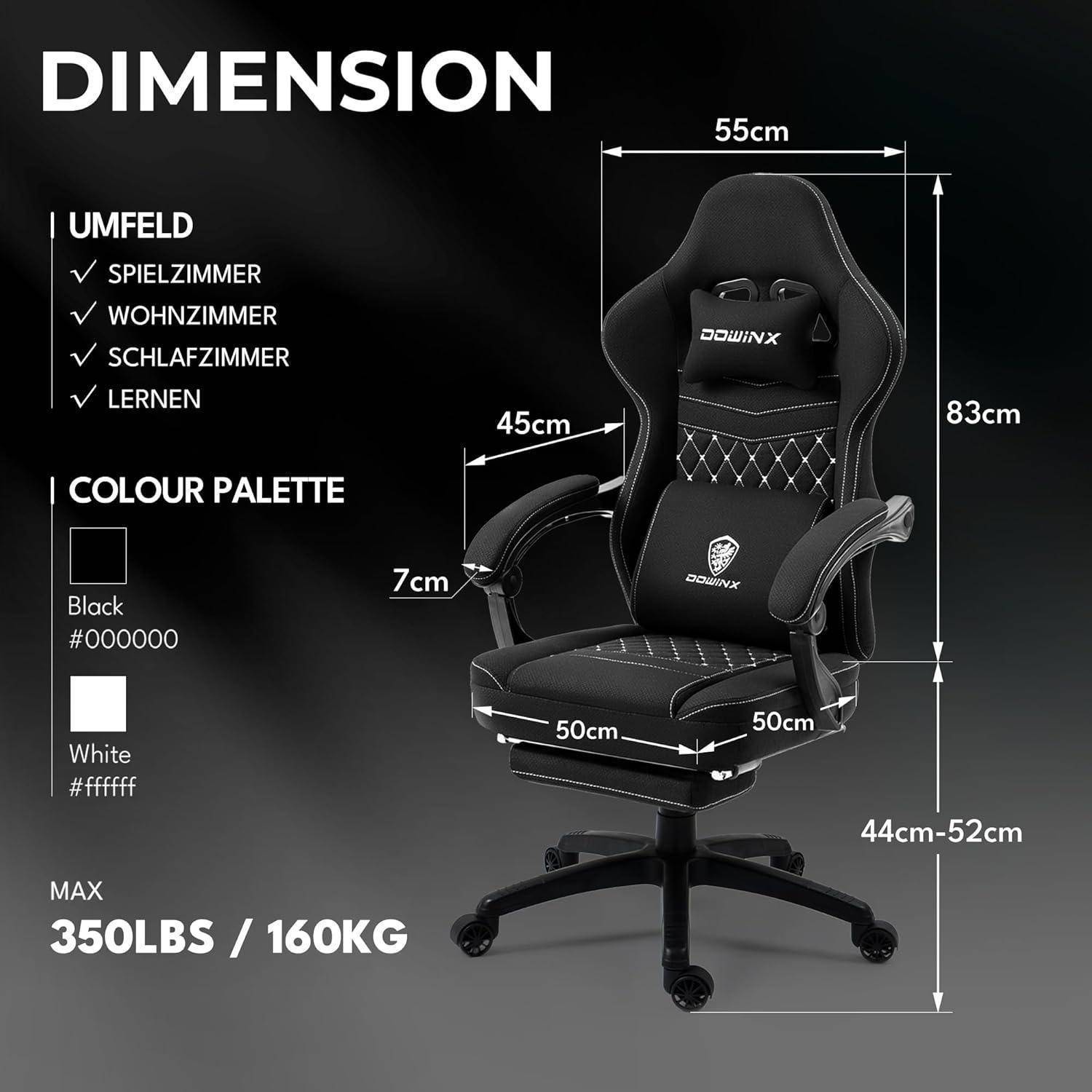 Gaming-Stuhl 'Dimension' mit hoher Rückenlehne, Armlehnen und verstellbaren Funktionen. Bezeichneter Verwendungszweck: 'Spielzimmer, Wohnzimmer, Schlafzimmer, Lernen'. Maximales Gewicht: '350lbs/160kg'.