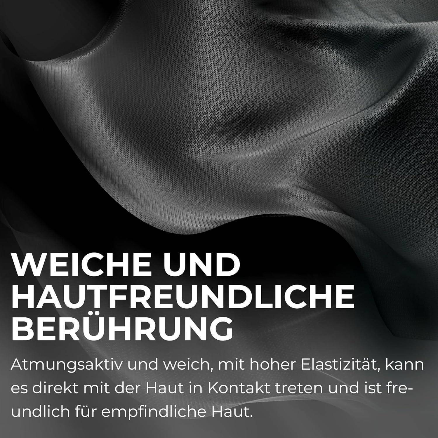 Ein fließender, strukturierter schwarzer Stoff mit deutschem Text: 'Weiche und hautfreundliche Berührung