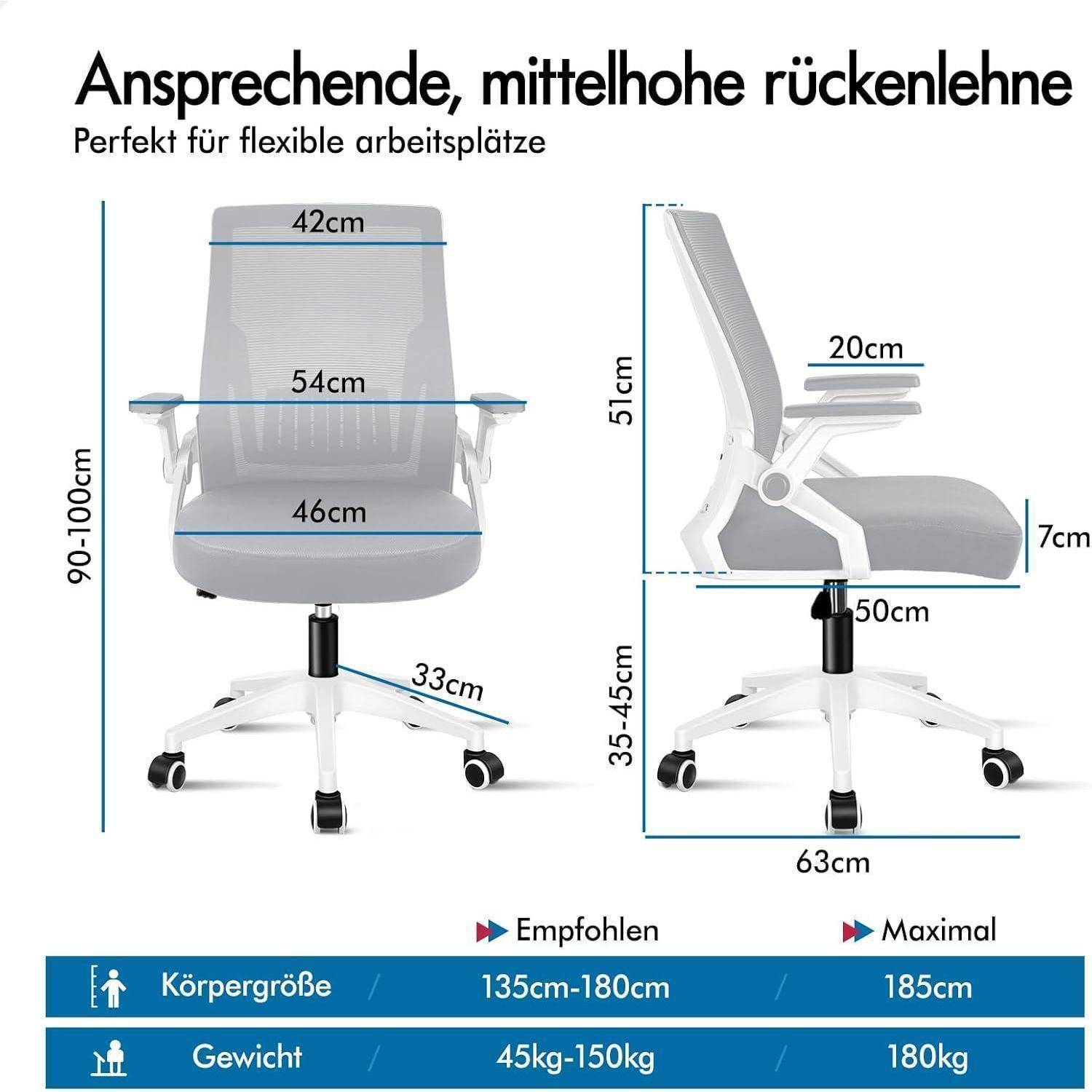 Ein ergonomischer Bürostuhl mit verstellbarer Höhe und Rückenlehnenmaßen. Empfohlen für Nutzer zwischen 135-180 cm, mit einer Tragfähigkeit von bis zu 180 kg.