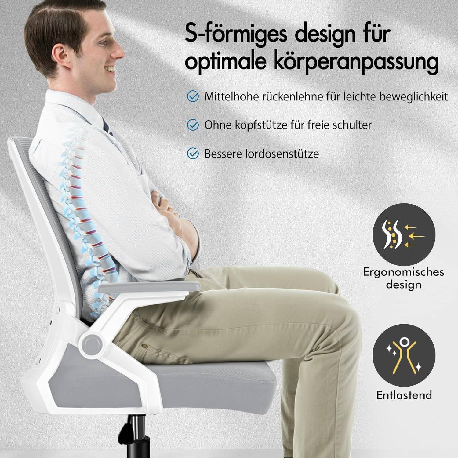 Seitenansicht eines Mannes, der auf einem ergonomischen Stuhl sitzt, mit einer hervorgehobenen Wirbelsäulenillustration, die ein 'S-förmiges Design für optimale Körperanpassung' zeigt. Der Text hebt Verstellbarkeit, Schulterbewegungsfreiheit und Unterstützung hervor.