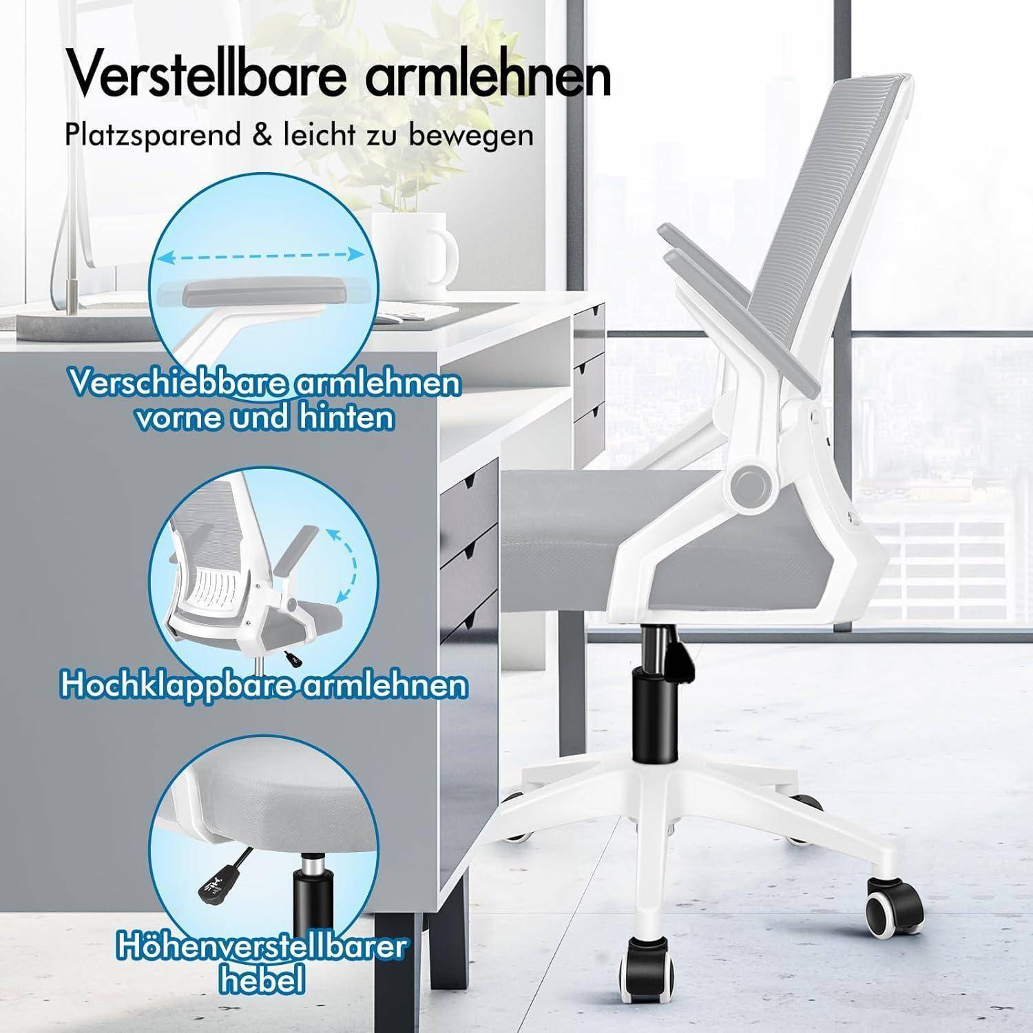 Bürostuhl mit verstellbaren Armlehnen und Höheneinstellung. Armlehnen können nach oben geklappt und vor und zurück geschoben werden. Stuhldesign spart Platz.