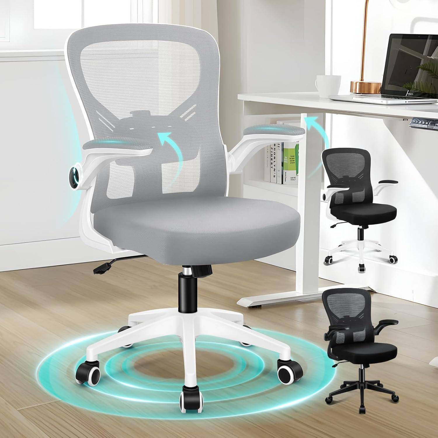 Bürostuhl mit Netzrücken, ergonomischem Design und Lendenwirbelstütze, in einer modernen Raumgestaltung positioniert. Ein kleineres Einsatzbild zeigt einen anderen Blickwinkel.