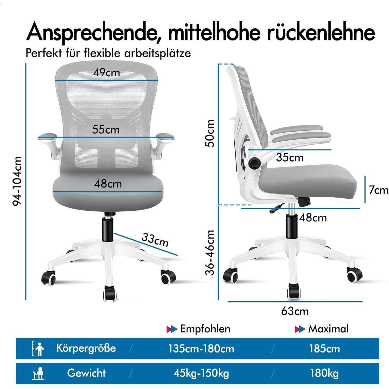 Bürostuhl mit Netzrücken, höhenverstellbar von 94-104 cm. Geeignet für Personen von 135-180 cm Körpergröße und bis zu 180 kg Körpergewicht.